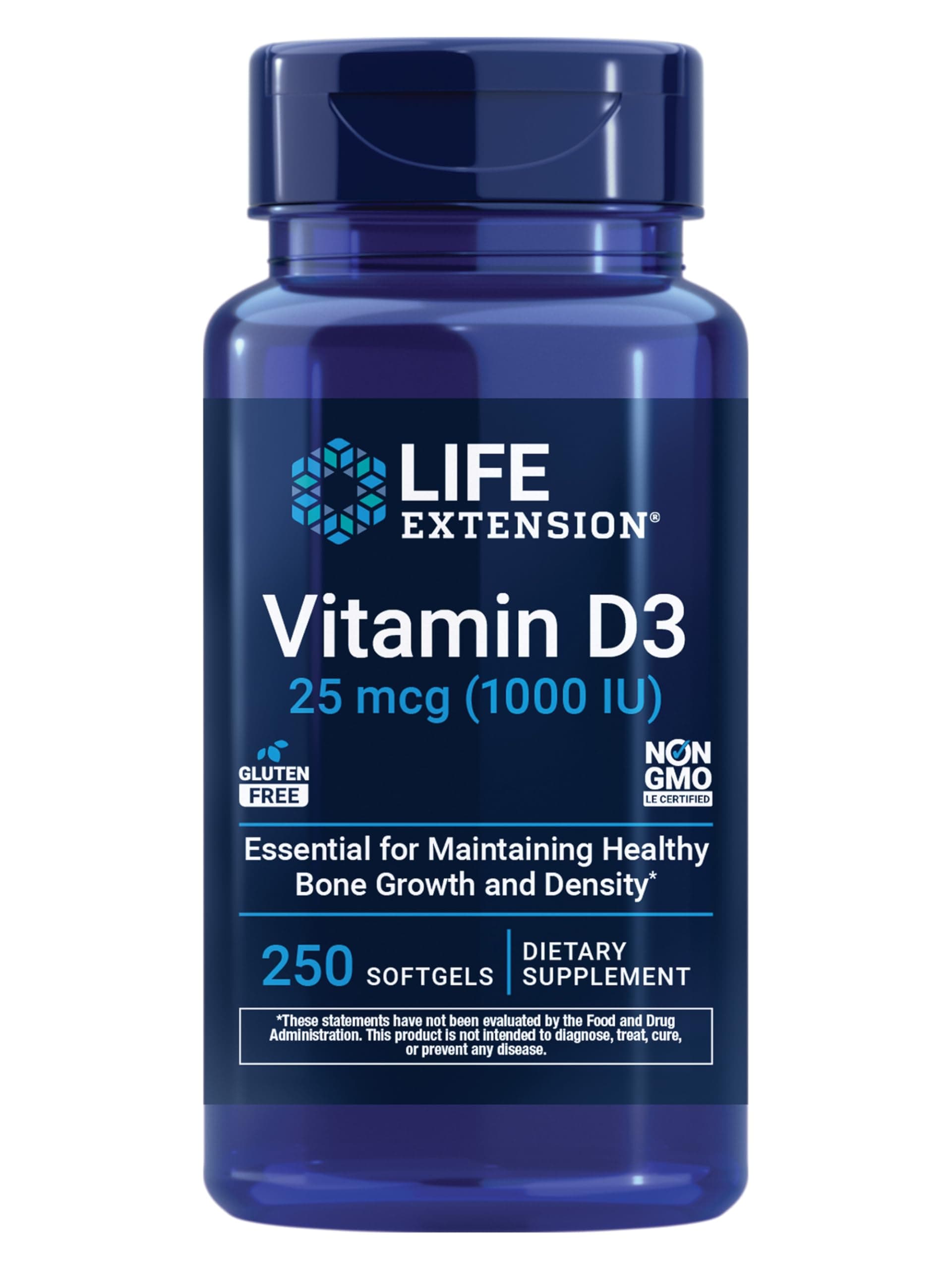 Vitamin D3 25 mcg (1000 IU), Immune System Support, Bone Health, Whole-Body Health, Value Size, Gluten-Free, Non-GMO, 250 softgels