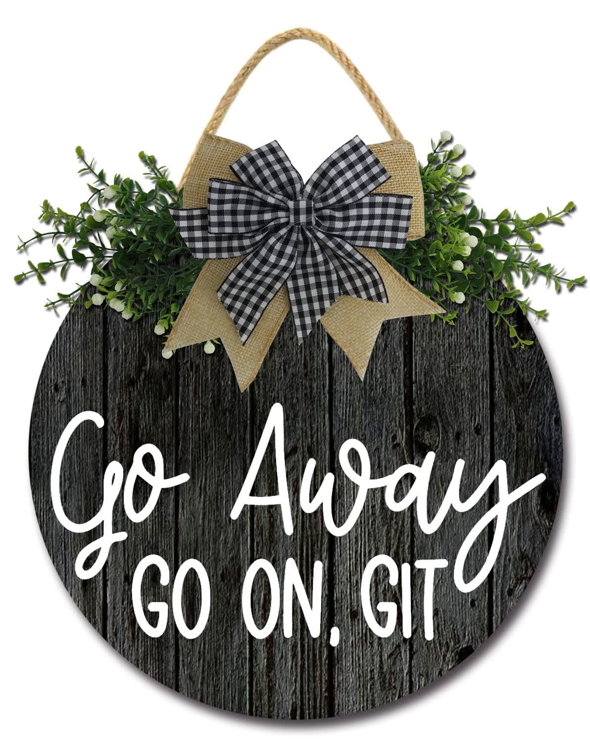Go Away Go On Git Sign for Front Door,12Inch Front Door Decor for Farmhouse Porch Decorations,Rustic Unwelcome Wreaths Sign with Greenery, Round Wooden Hanging Sign Housewarming Gift for Home