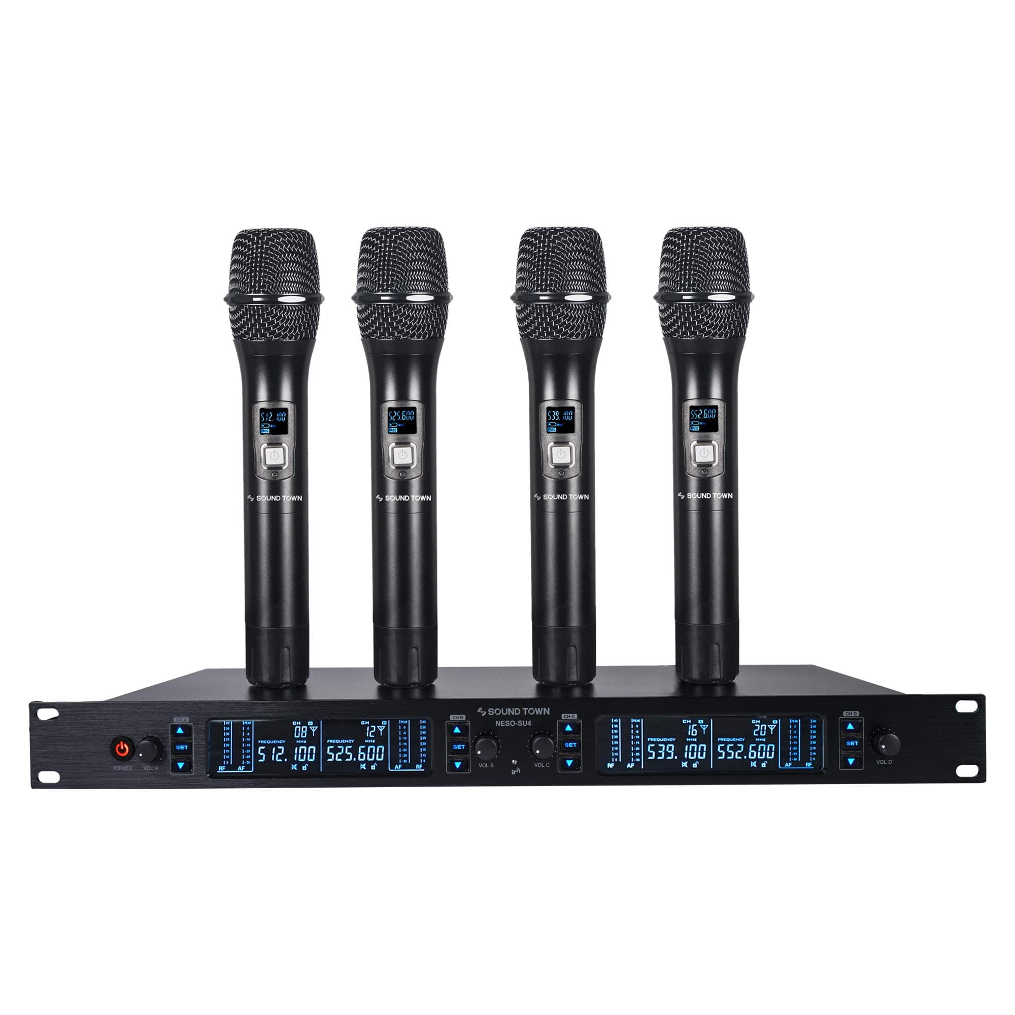 Sound Town 200 Channels Adjustable UHF Wireless Microphone System with Metal Receiver, 4 Handheld Mics and Auto Scan, for Church, School, Outdoor Wedding, Meeting, Party and Karaoke (NESO-SU4HH)