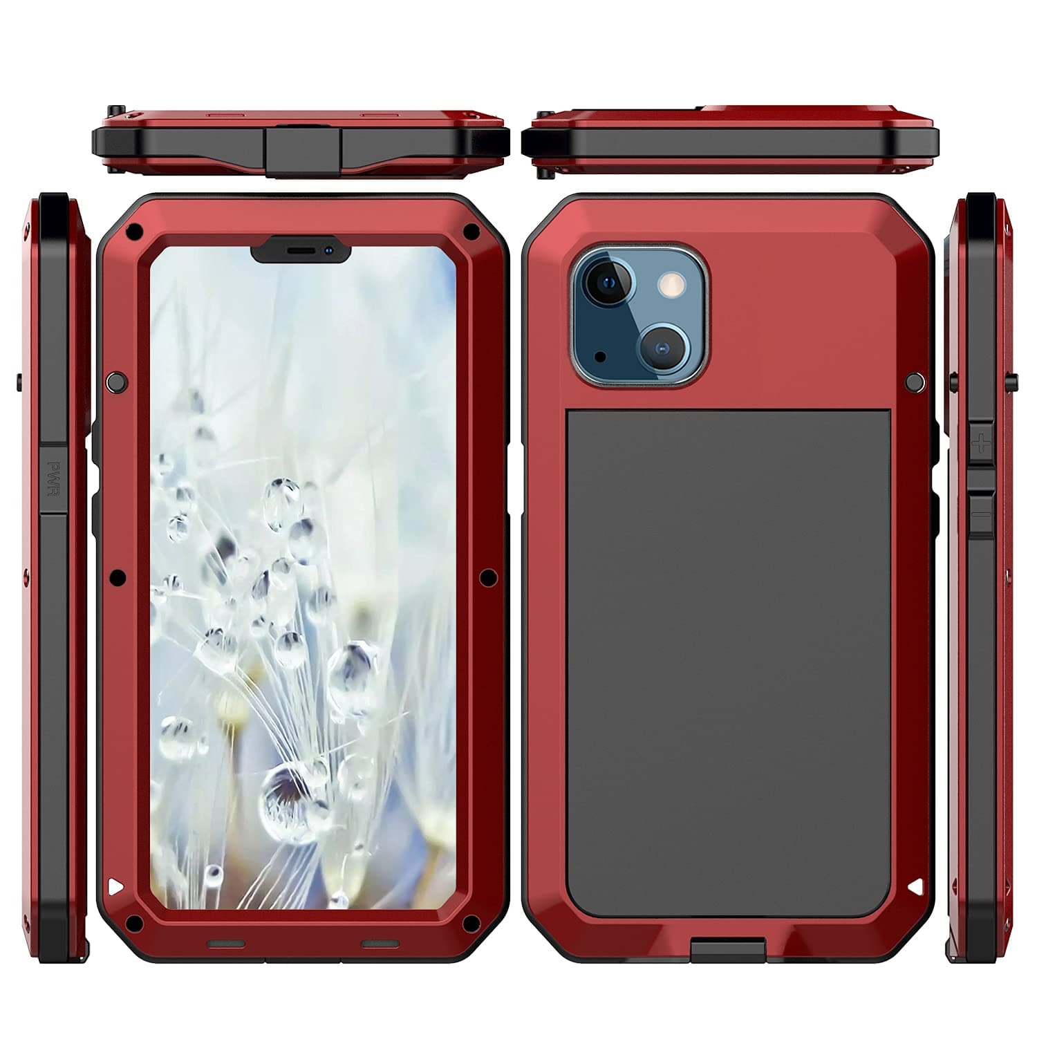 for iPhone 13 Case, 360 Full Body Protective Cover Heavy Duty Shockproof Tough Armour Aluminum Alloy Metal Case with Silicone Built-in Screen Protector for Apple iPhone 13 6.1 Inch - Red