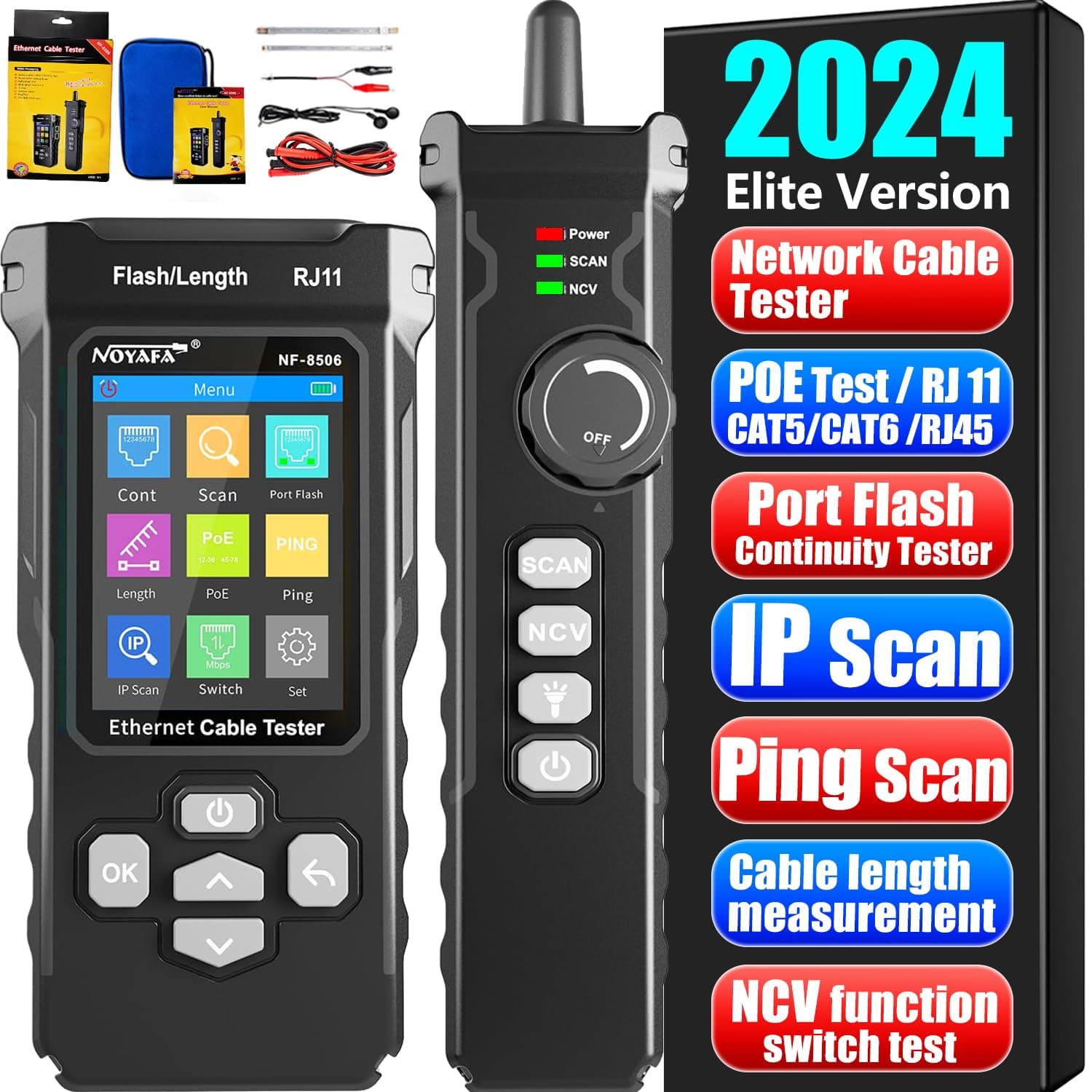 NF-8506 Network Cable Tester with IP Scanne Network Rate Test,/NCV POE/Ping/TDR CAT5 CAT6,Network Tester Cable Toner for RJ11 RJ45 LAN Ethernet Cable Tester Telephone Cable Finder Network Tool
