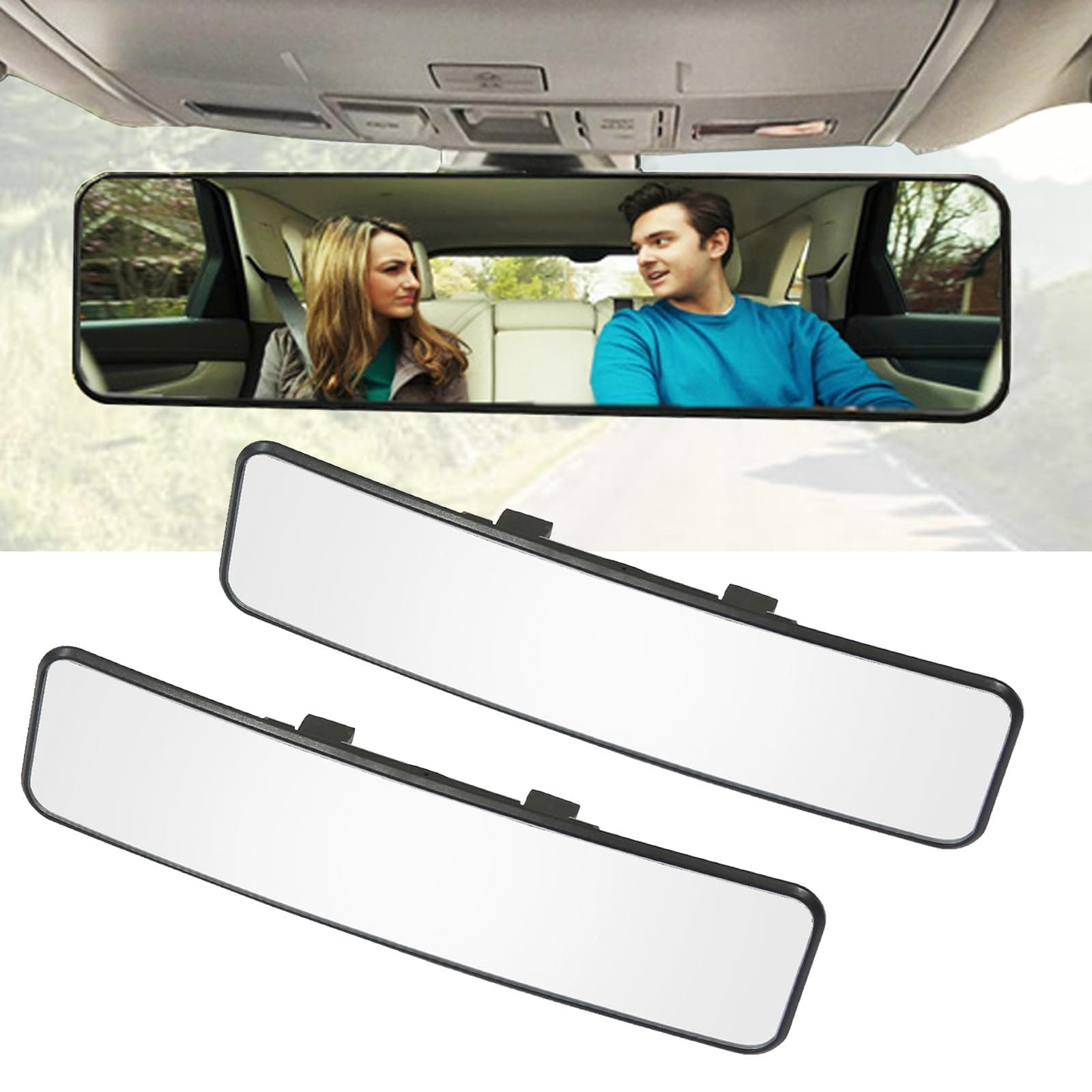 2 Pack Rear View Mirror, Universal 11.4 Interior Clip On Panoramic Rearview Mirror to Reduce Blind Spot Effectively - Wide Angle – Convex – Clear, For Cars, SUV, Trucks
