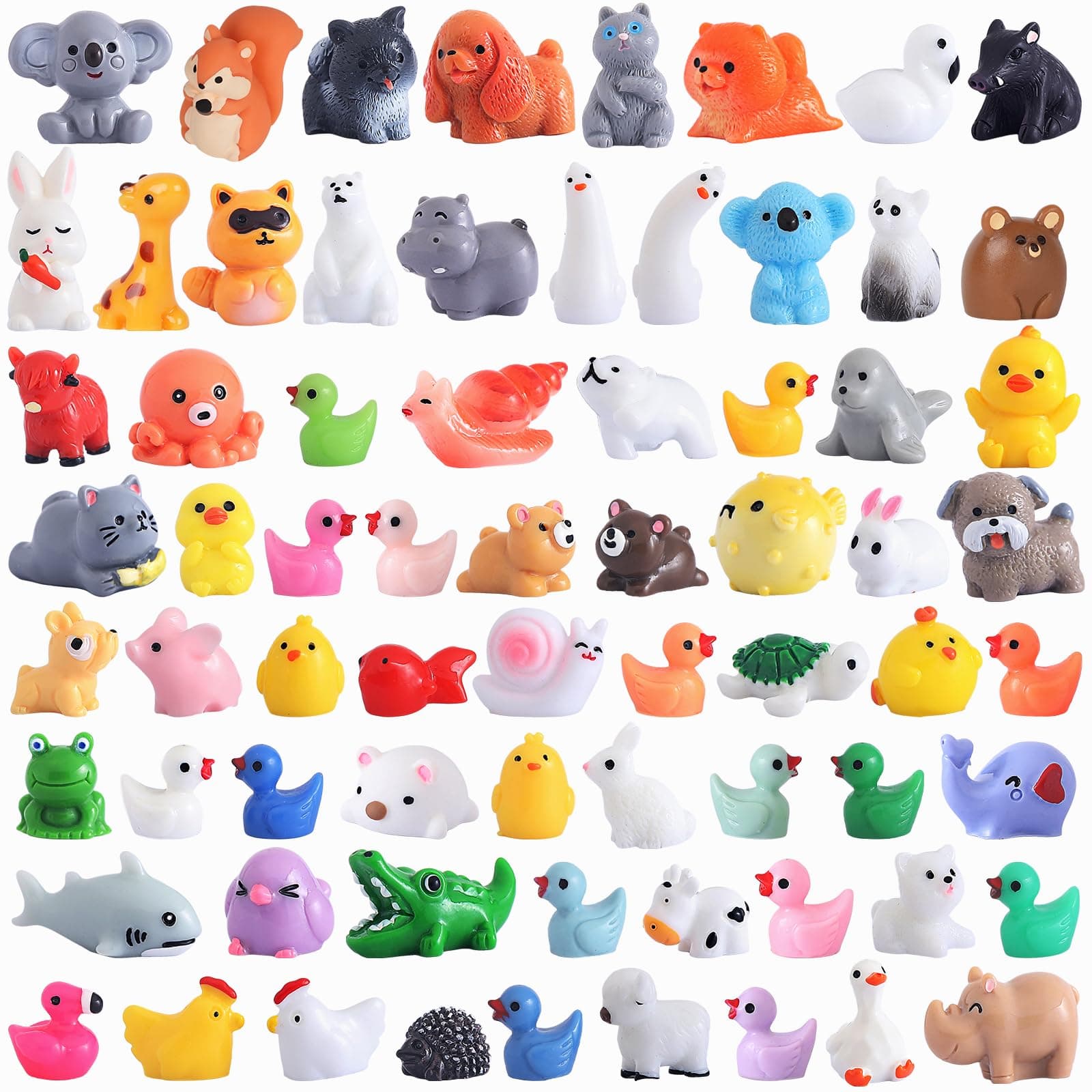 70 Pcs Mini Resin Animals Tiny Animals Mini Ducks Garden Decor 70 Styles Tiny Resin Miniature Figurines Bulk for Dollhouse Slime Charm for Craft DIY Hide Crafts Decor Aquarium Toys