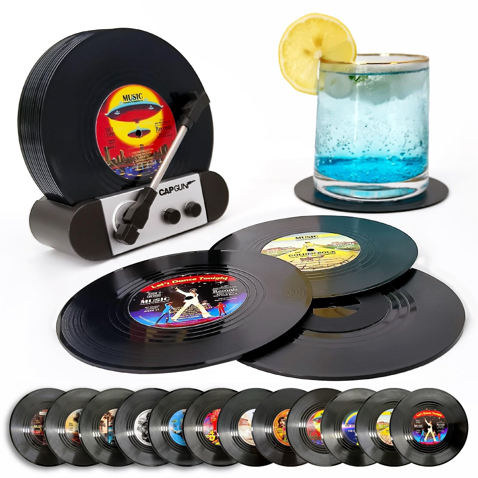 Funny Retro Vinyl Record Coasters, Creative Drink Coasters Set of 12 with Vinyl Record Player Holder for Music Lovers, Housewarming Hostess Gifts, Birthday and White Elephant Gifts Ideas