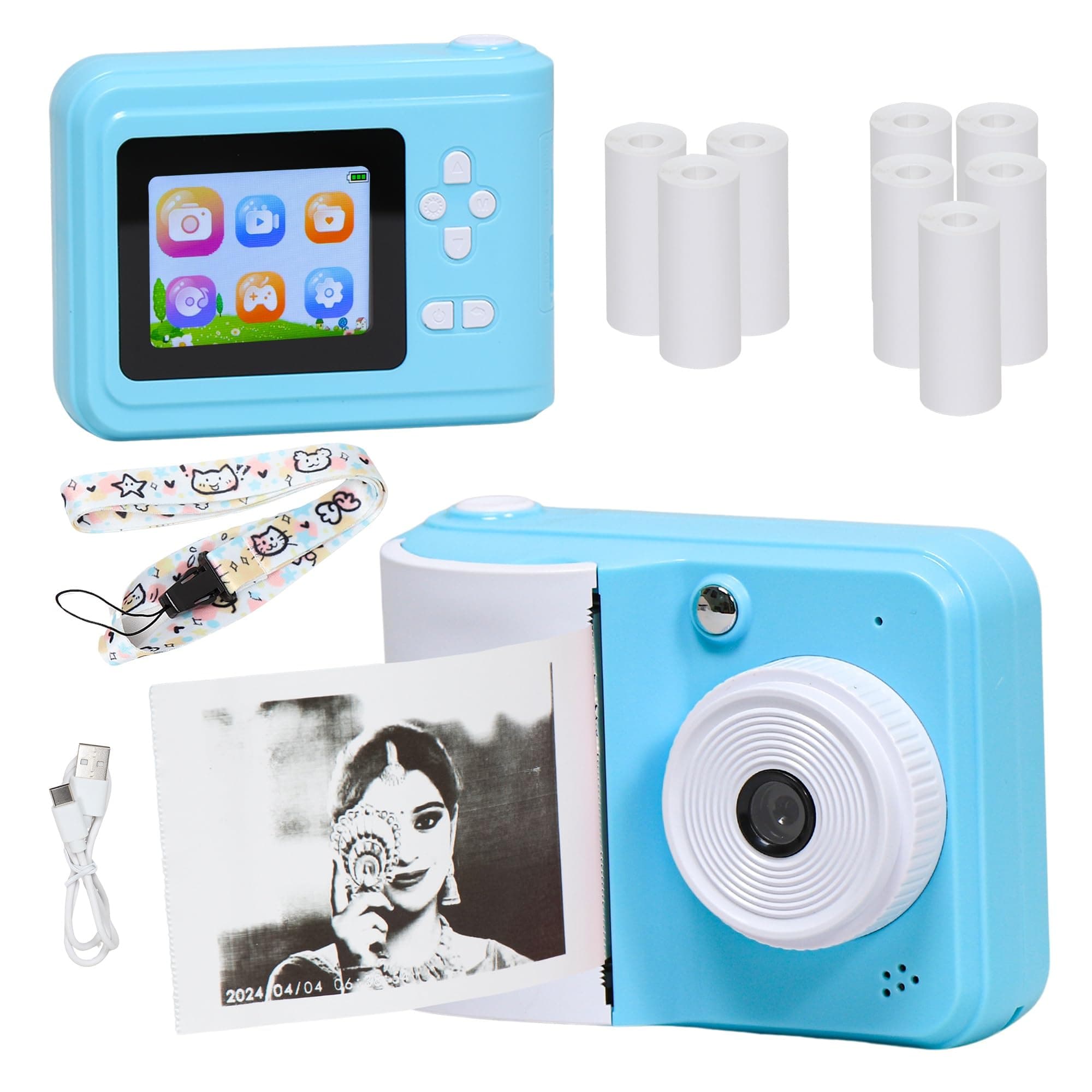 Kids Digital Camera with Instant Print, 2.4" LCD Screen, 8 Thermal Paper Rolls (Blue- Model 1)