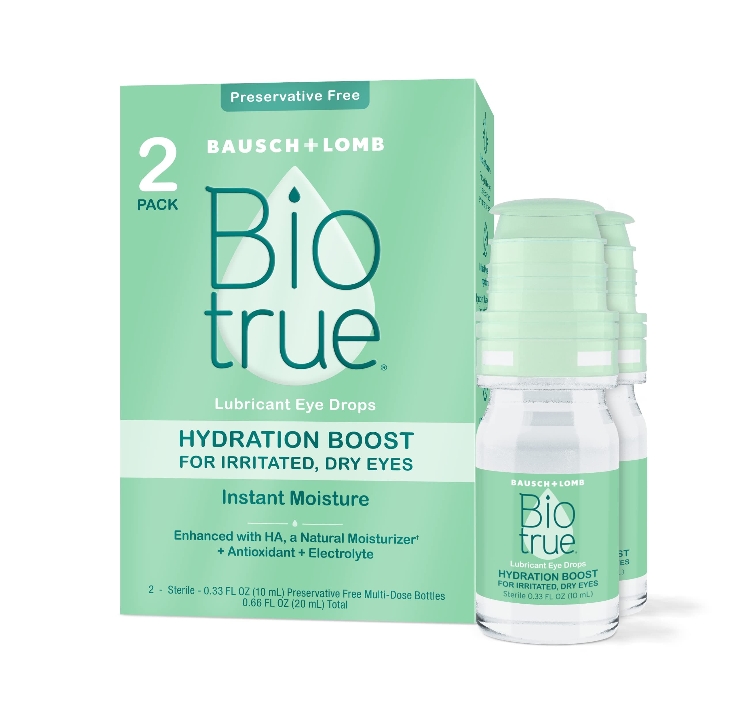 Hydration Boost Drops, Soft Contact Lens Friendly for Irritated and Dry Eyes from Bausch + Lomb, Preservative Free, Naturally Inspired, 0.33 FL OZ (10 mL), Pack of 2