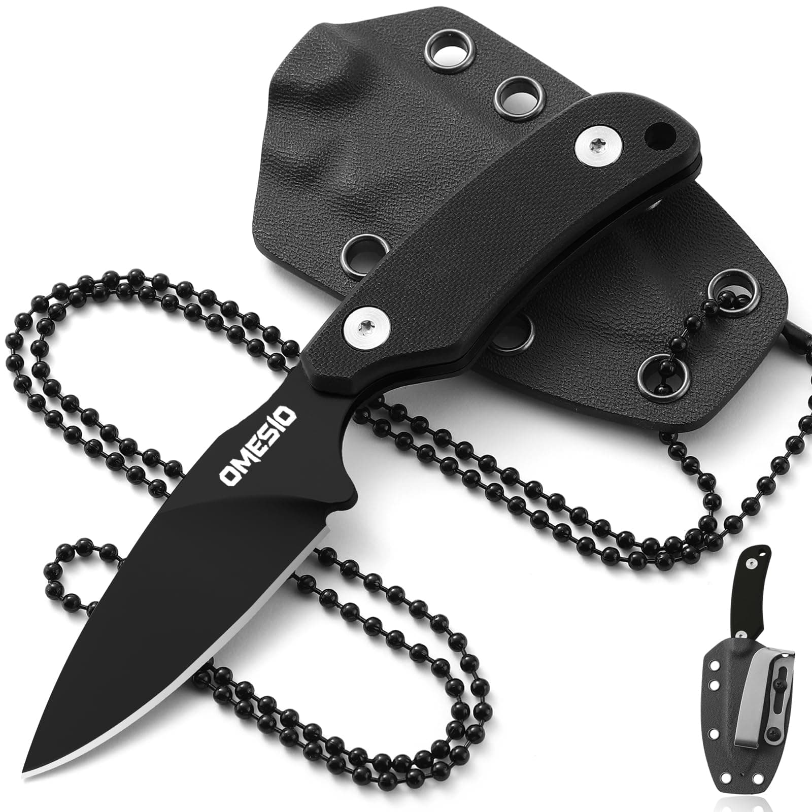 Omesio EDC Fixed Blade Knife, 5.82" Neck Knife with Sheath and Necklace, D2 Steel 2.99-Inch Blade, Small Full Tang Knife with Clip G10 Handle for Fishing, Hiking, Camping (Black Blade + Black Handle)