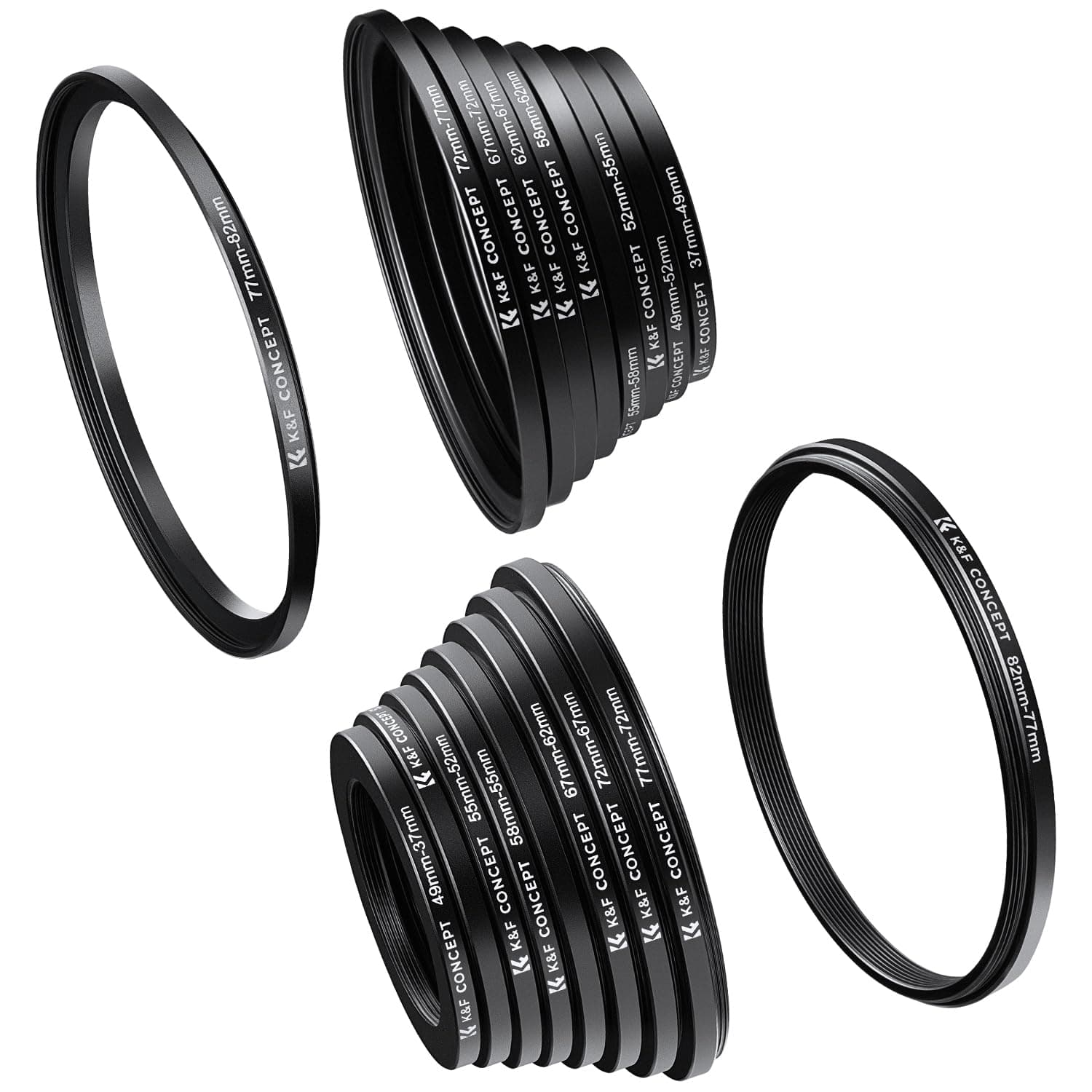 K&F Concept 18pcs Filter Ring Adapter Kit, 37 49 52 55 58 62 67 72 77 82mm 9Pcs Step Up Ring Set + 9Pcs Step Down Ring Adapter, Black