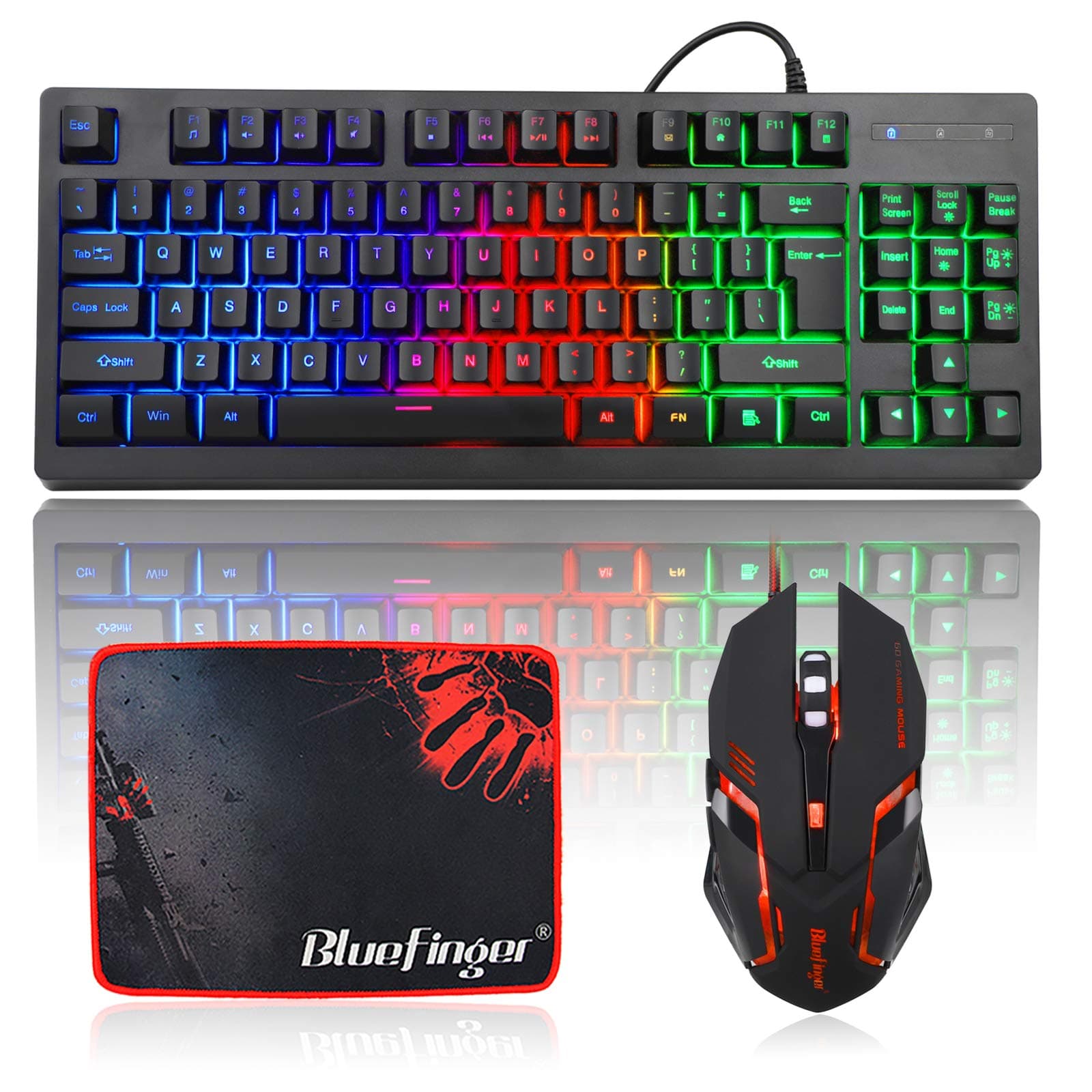 BlueFinger RGB 87 Keys Gaming Keyboard and Backlit Mouse Combo, USB Wired Rainbow Keyboard,Gaming Keyboard Set for Laptop PC Computer Game and Work