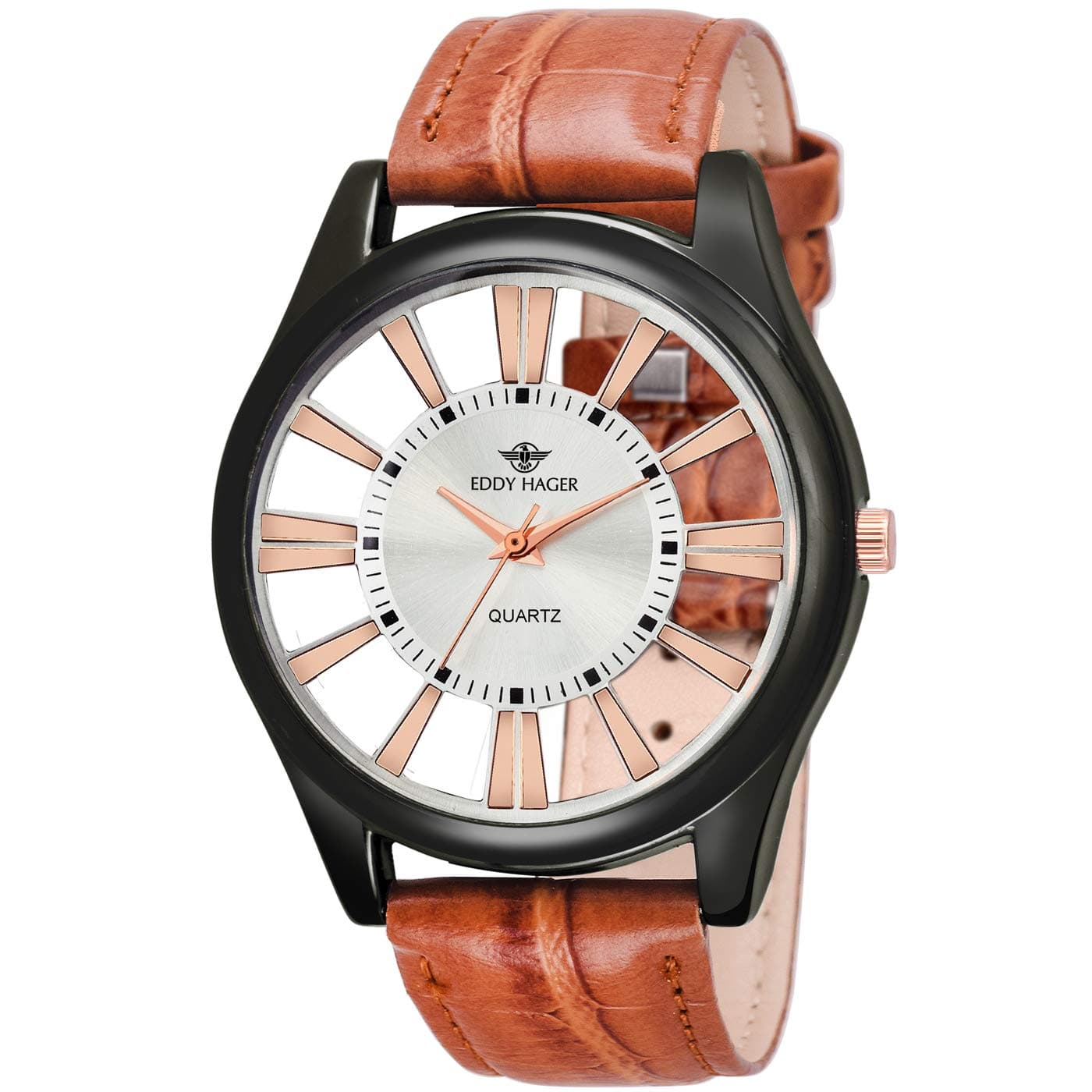 EDDY HAGER EH-155-BR 2-Side Transparent Ultra Thin Mechanical Skeleton Watch - for Men