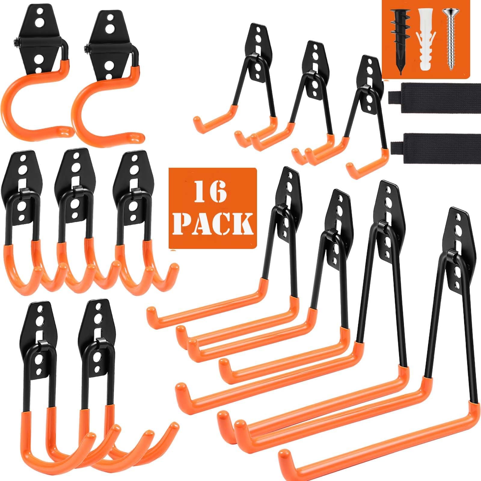 14 Pack Heavy Duty Garage Hooks with 2 Extension Straps, Triple Welded Wall Mount Utility Hangers, 100 Lbs Capacity Steel Tool Organizer for Garage Makeover, Garden, Shed, Hose