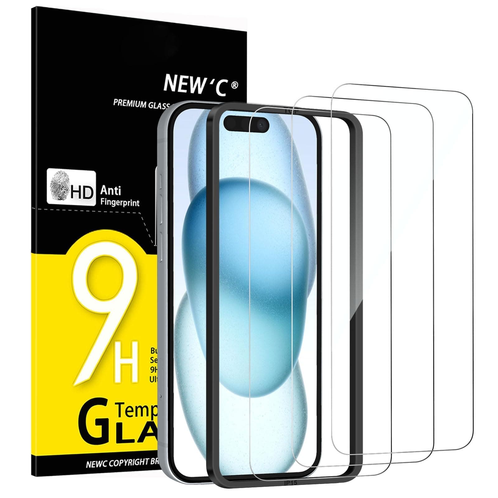 NEW'C 3 Pack Designed for iPhone 16, iPhone 15 Screen Protector (6.1 inches),Enhanced Tempered Glass Protection with easy installation tool included,Ultra Resistant | Tempered Glass, Case Friendly, Ultra Resistant