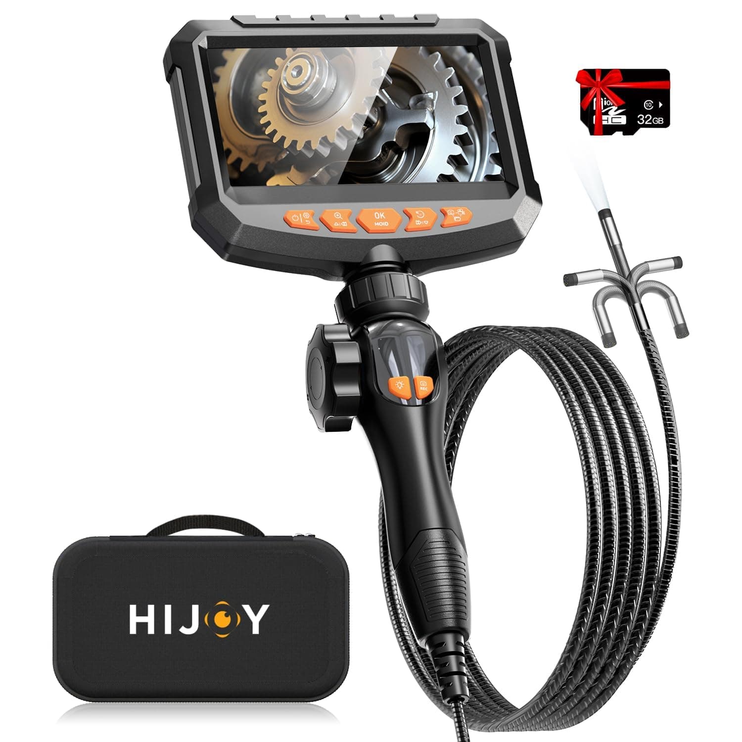 Hijoy Articulating Borescope Camera with Light - Two-Way Endoscope with 8 Adjustable LED Lights | 5" LCD Screen | 1920P HD Inspection Cameras with 0.33in Articulated Snake Camera for Men | S30