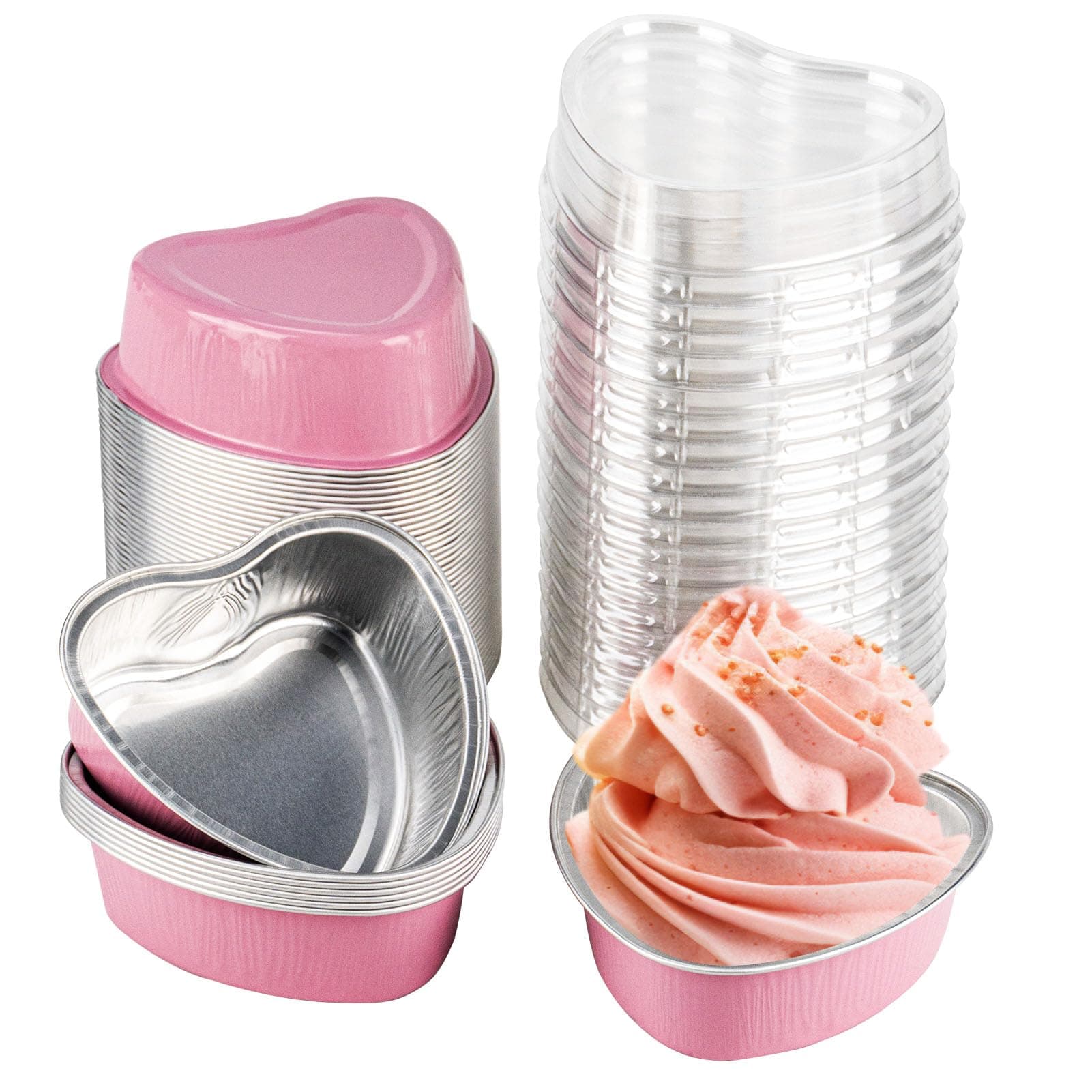 50 Pack Heart Shaped Mini Cake Pans with Lids, Small Disposable Aluminum Foil Cupcake Loaf Pans, Baking Cup Cake Tin Mold for Valentine's Mother's Day Wedding Party Birthdays (Pink, 3.4oz/100ml）