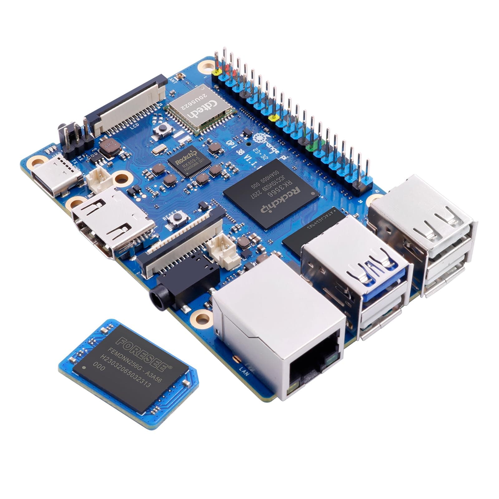 3B 4G RK3566 with 256GB eMMC Module Quad Core 64 Bit Single Board Computer, 1.8 GHz Frequency WiFi Bluetooth Run Orange Pi OS, Android, Debian, Ubuntu, OpenHarmony (Pi 3B 4GB+256GB eMMC)