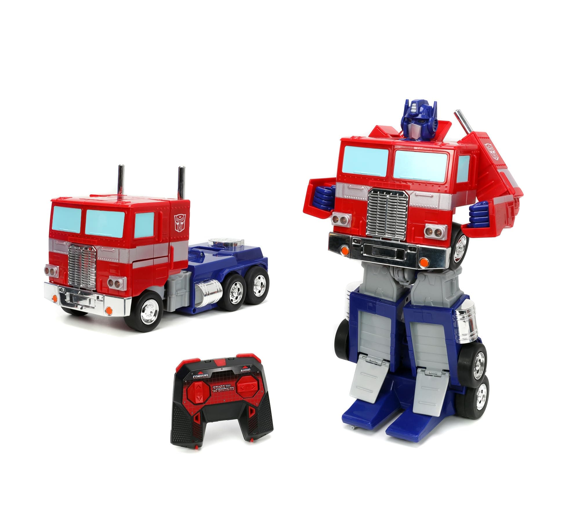 Jada TRANSFORMERS Converting RC Optimus Prime – Original G1 model Remote Control Car - 30 cm long in Truck mode, standing 35 cm Tall converted to autobot mode with lights sounds and voice
