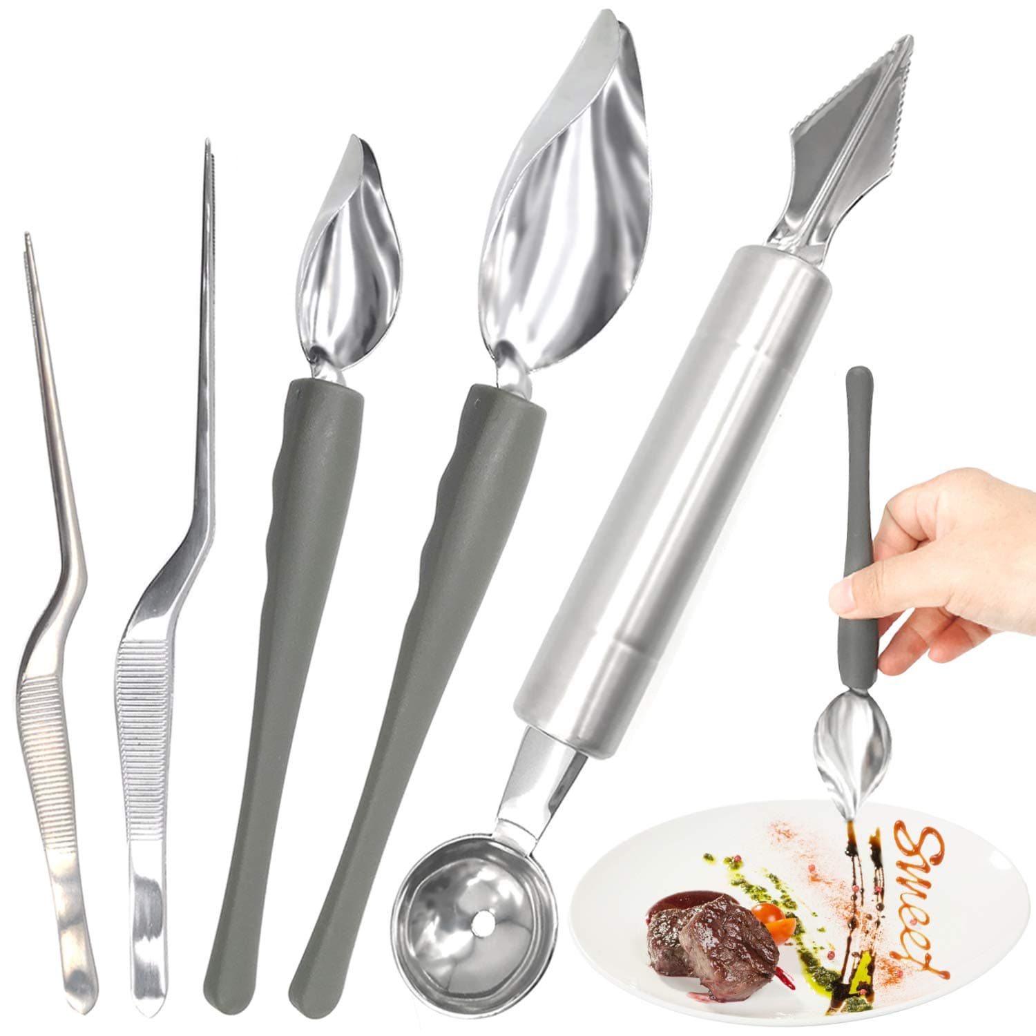 5 Pieces Culinary Drawing Decorating Spoon Set, Drizzle Spoons, Cooking Tweezers and Melon Baller Spoon, Professional Chef Tool for Decorating Plates