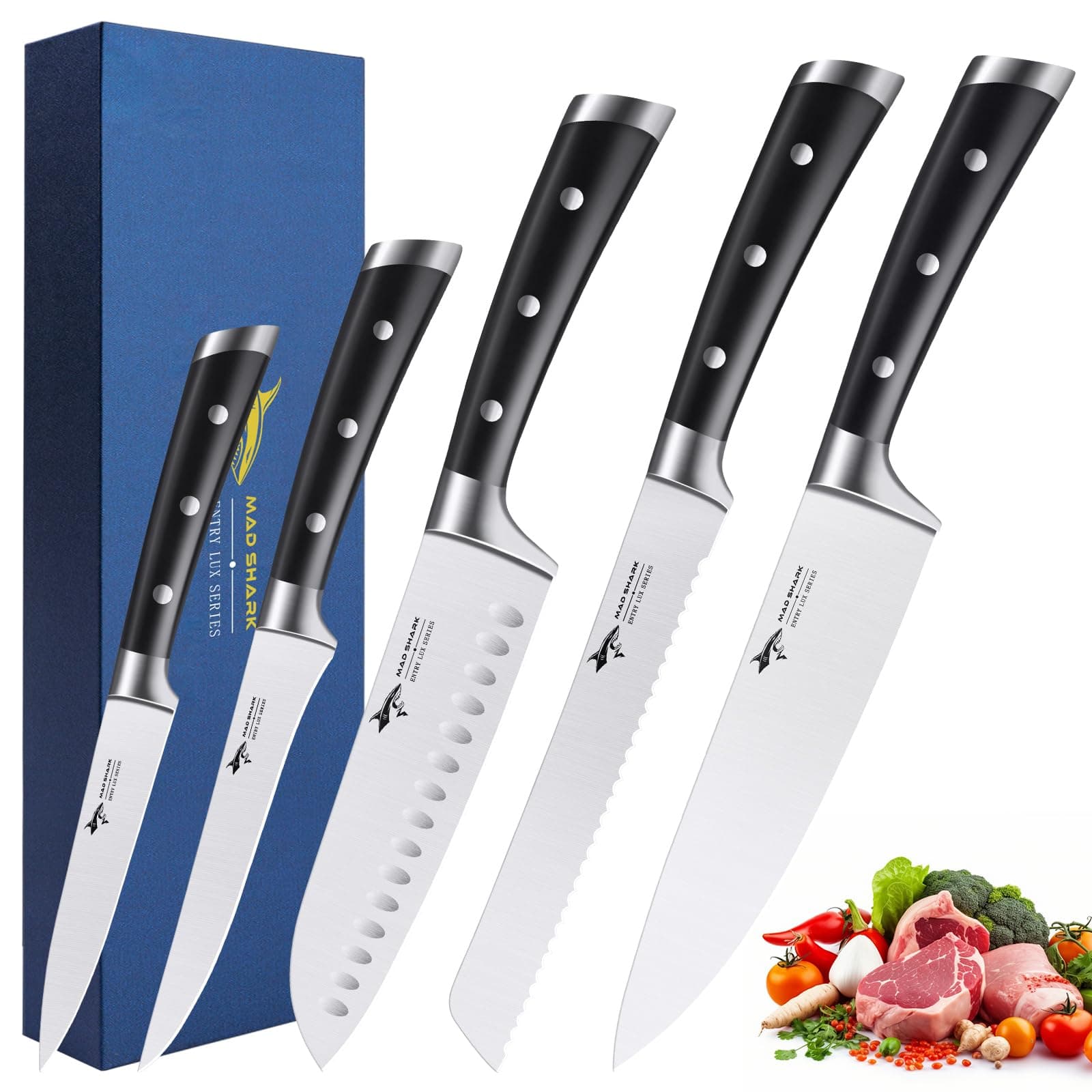 knife set, 5-piece kitchen knife set with, german high carbon stainless steel knife, ultra sharp, ergonomic handle home cooking perfect cutlery set gift