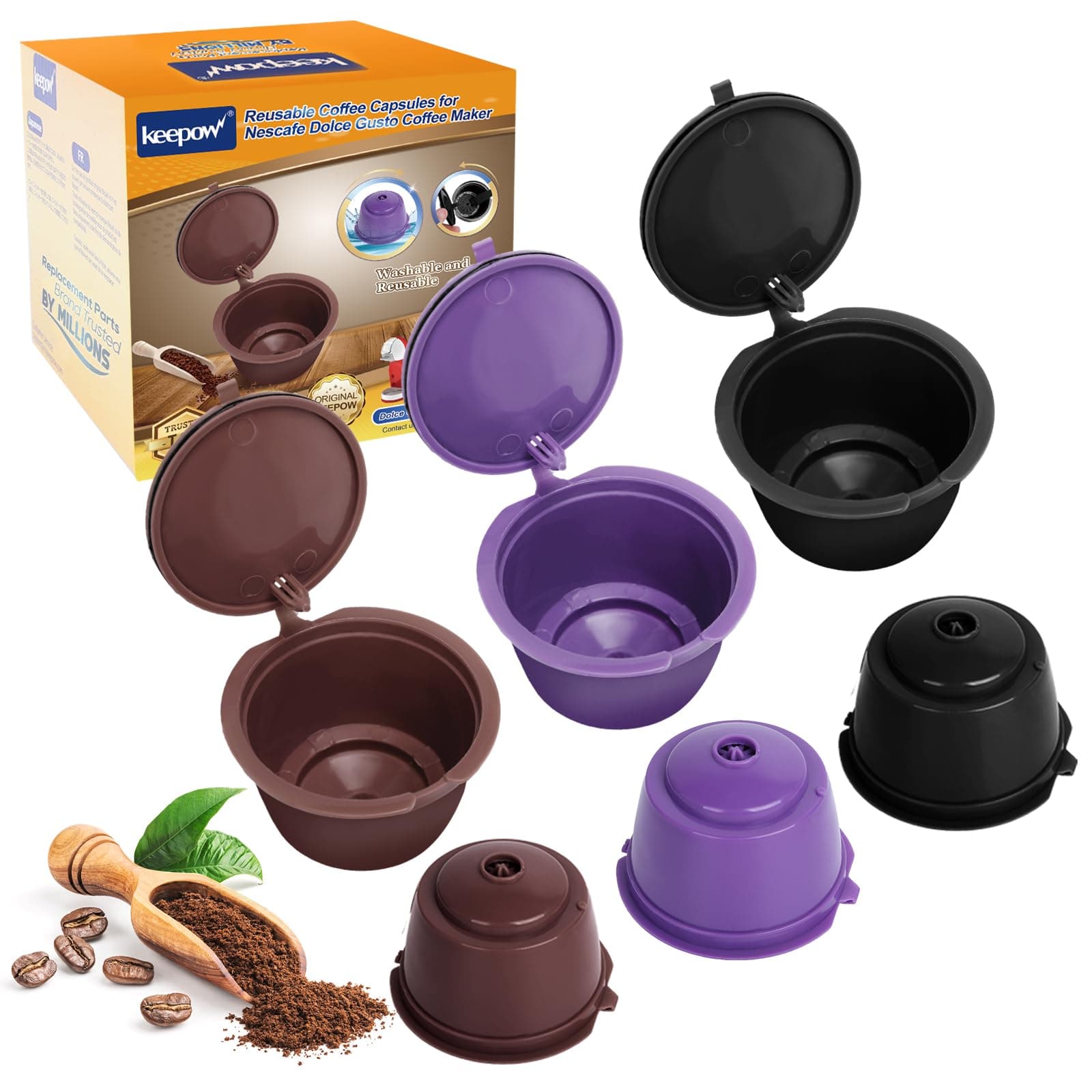 Reusable Coffee Capsules Compatible with Nescafe Dolce Gusto Machine, Refillable Coffee Pods 6 Pack (2 * Black + 2 * Brown + 2 * Purple)