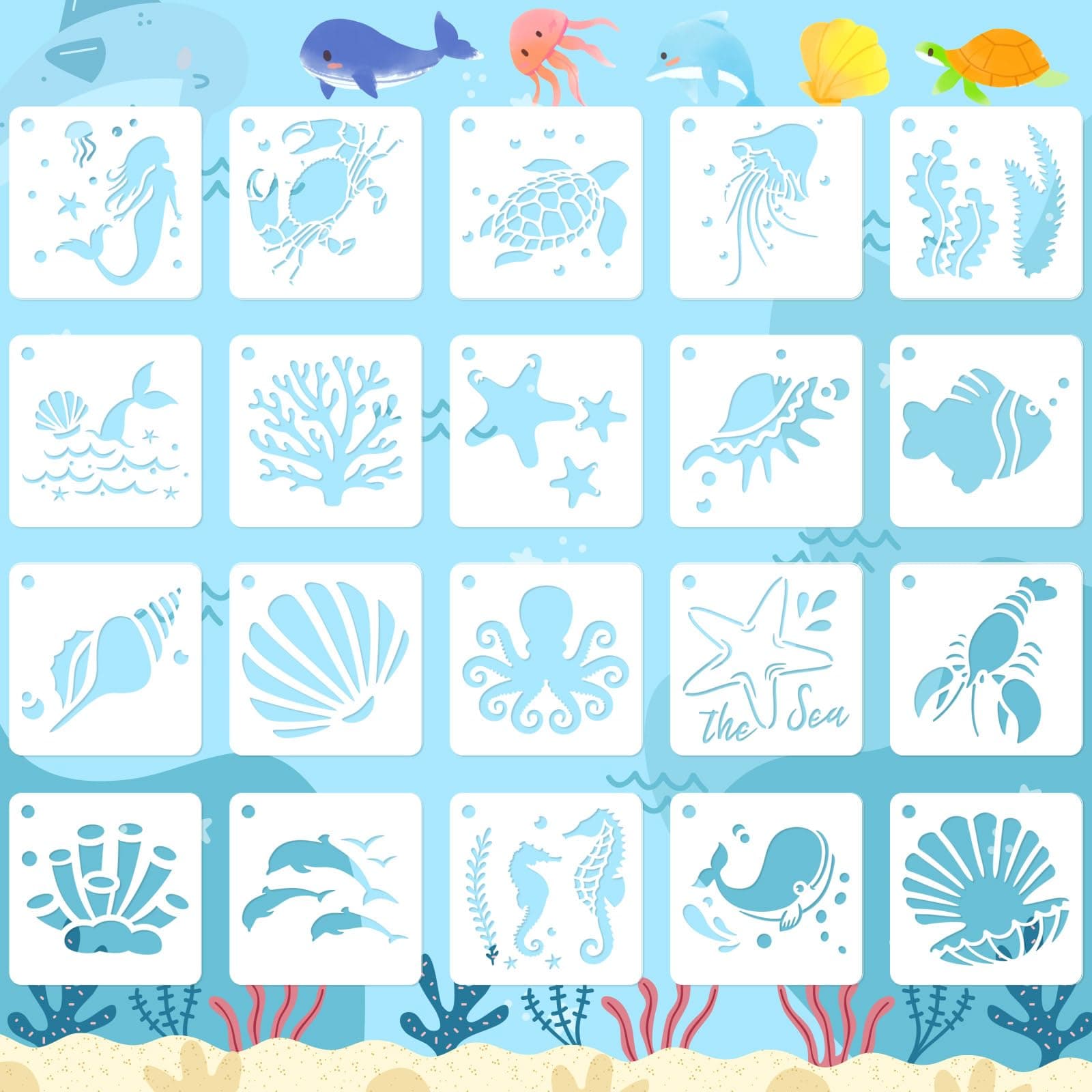 JULMELON Sea Life Stencils - 20pcs DIY Pattern Stencils for Wall, Floor Decor & Rock Painting Art Projects (3inch)