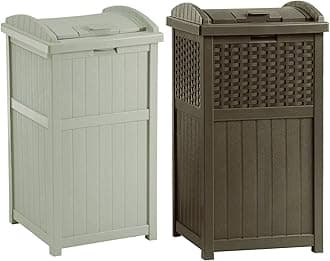 Suncast 33 Gallon Trash Hideaway Easy Assembly Durable Plastic Garbage Container with Wood Look Design, 1 Beige and Brown (2 Pack)