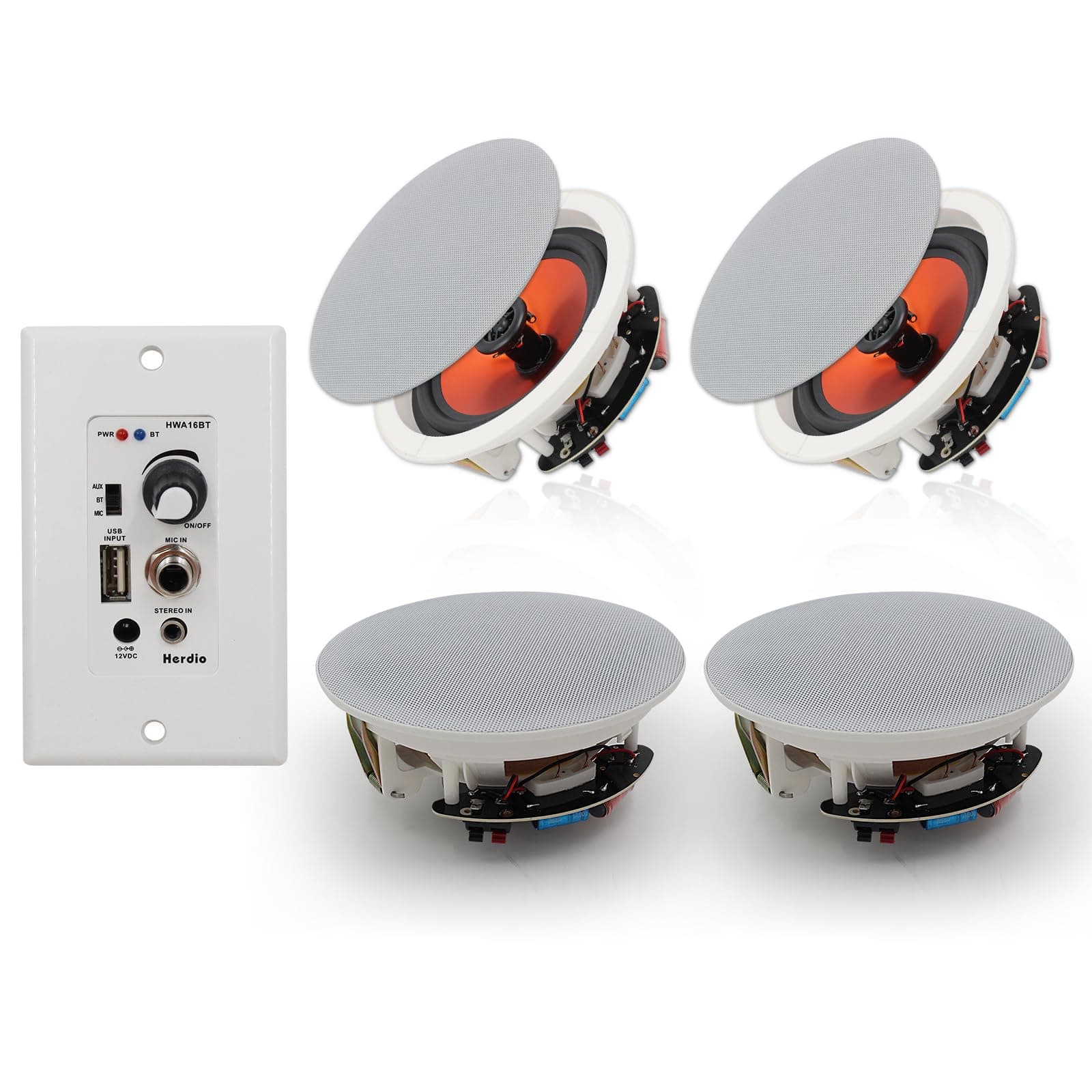 6.5'' Bluetooth in Wall in Ceiling Speakers 600W 2-Way Flush Mount Speakers System with Wall Amplifier Receiver for Home Theater Office Bathroom(2Pairs, Paintable-Grille)