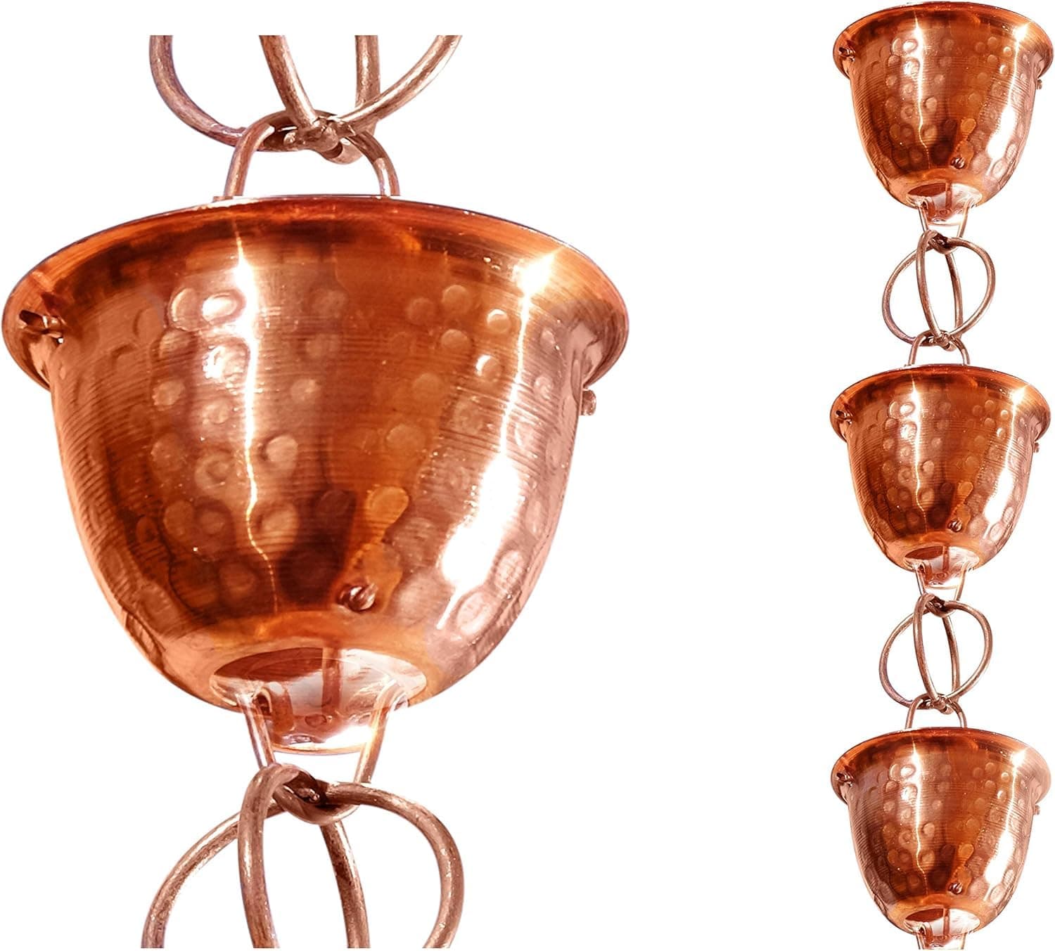 Monarch Rain Chains 26558 Pure Copper Hammered Cup Rain Chain Replacement Downspout for Gutters, 8-1/2 Feet Length
