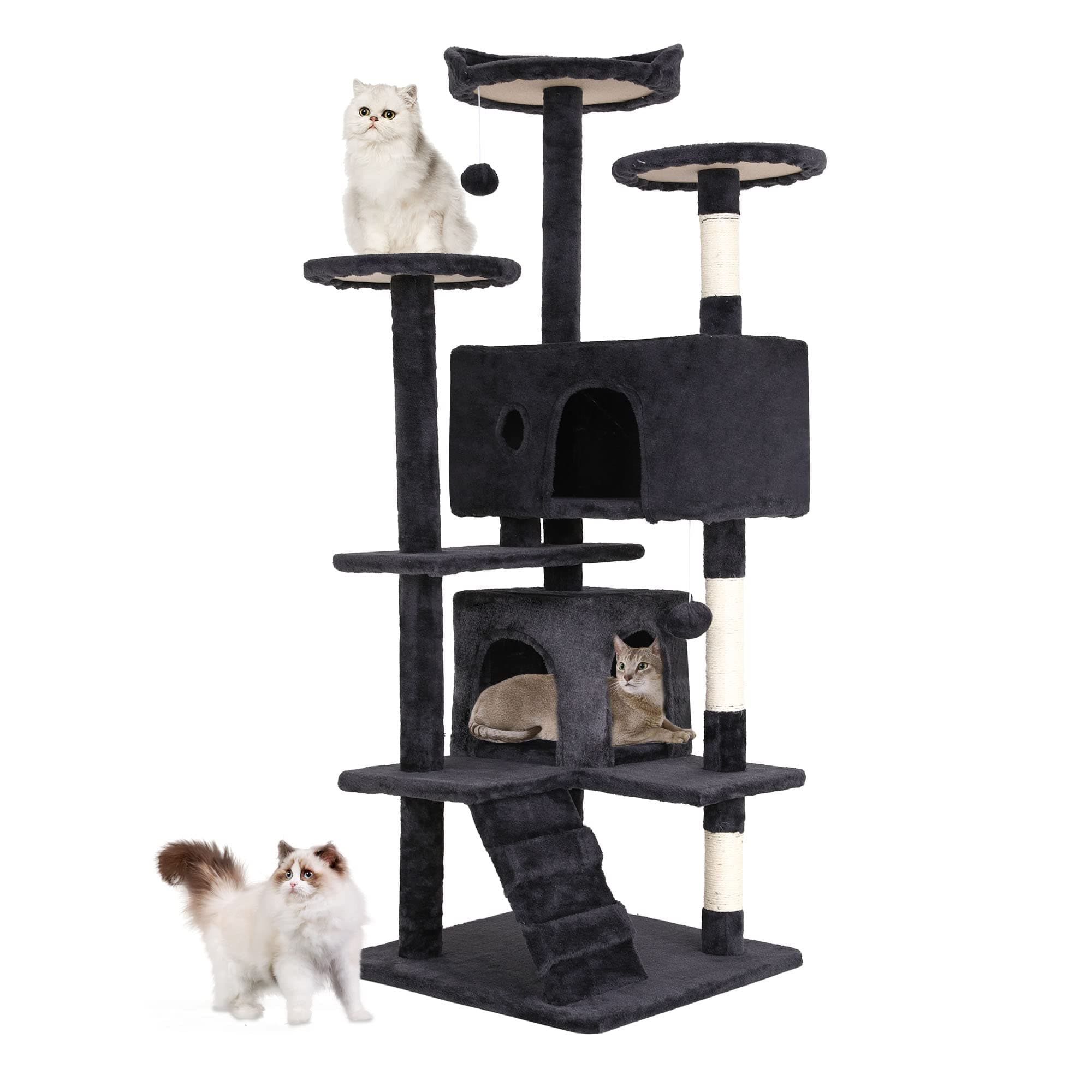 BestPet | 54" Cat Tree Tower | Dark Gray | Sturdy, Easy to Assemble, Multi-Level Activity Center with Sisal Scratching Posts, Condos, Perches, Hanging Cat Toys, Observation Decks & Ladder