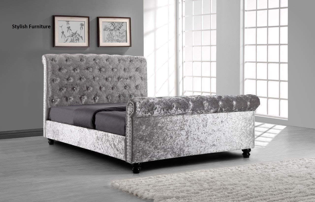 CHESTERFIELD CASTELLO Classy Modern Bed Frame Sleigh Style Fully Upholstered Designer bed in Crushed Velvet (4FT 6'' Double, Crushed Velvet-GREY)