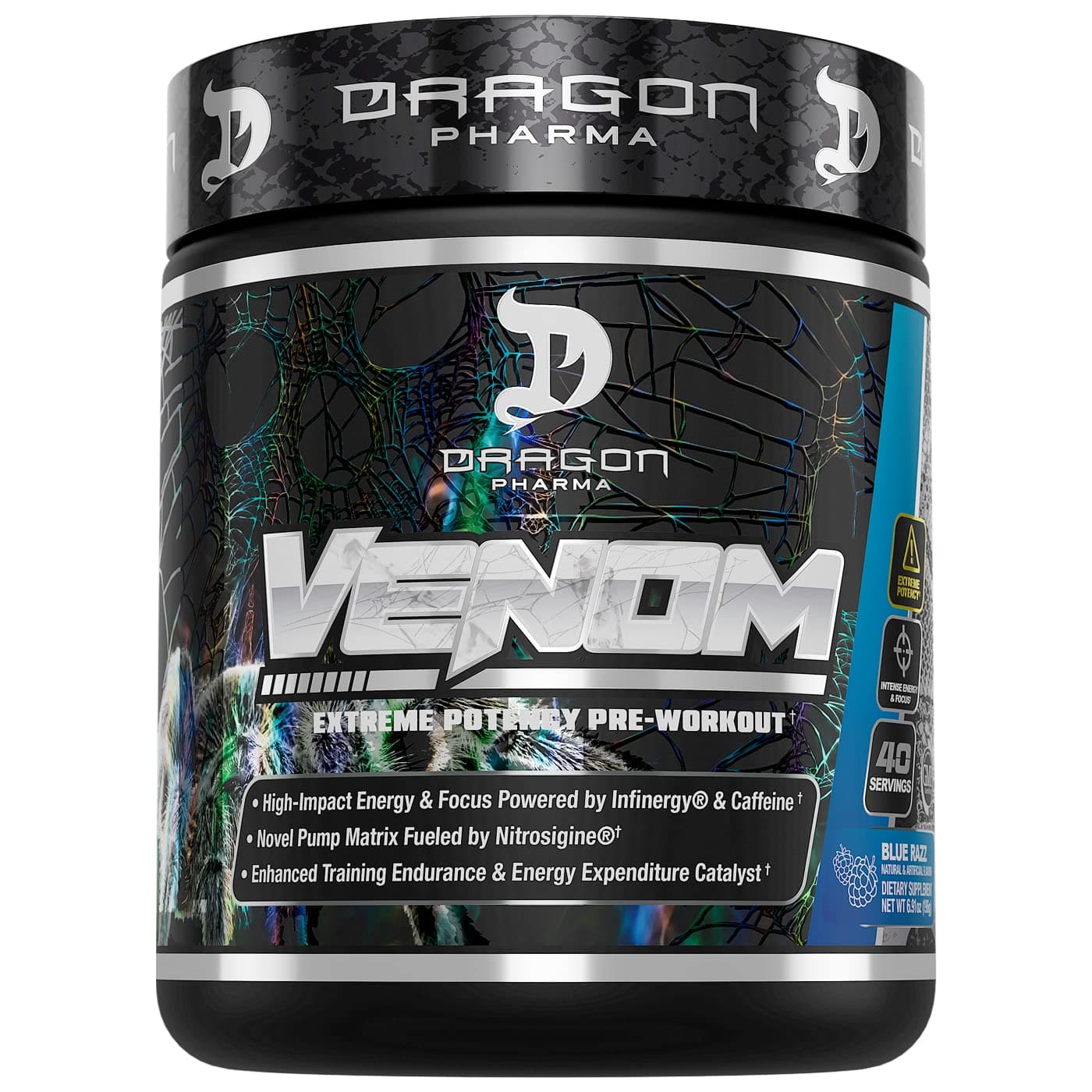DRAGON PHARMA Venom Extreme Potency Pre-Workout, Laser Sharp Focus + Energy, Intense Performance, Proven Ingredients for Enhanced Vasodilation & Endurance (40 Servings, Blue Raspberry)