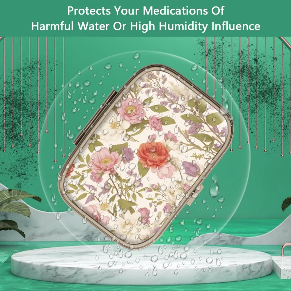 Pill Case Pill Box with Mirror Retro 2 Compartment Small Pill Case for Purse or Pocket Bronze Rectangular Pill Box or Vitamins, Fish Oil, Supplements, Pill Containe Travel Gifts（Retro Red Flowers）