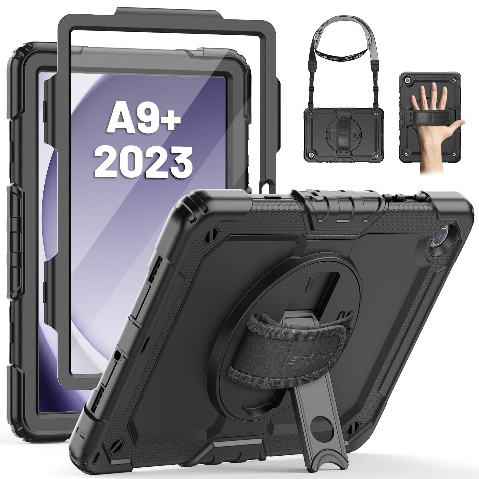 SEYMAC Case for Samsung Galaxy Tab A9 Plus 11 inch 2023, Shockproof Protective Galaxy A9 Plus Tablet Case With Screen Protector/Hand Strap/Rotating Stand,SM-X210/SM-X216/SM-X218 Case, Black