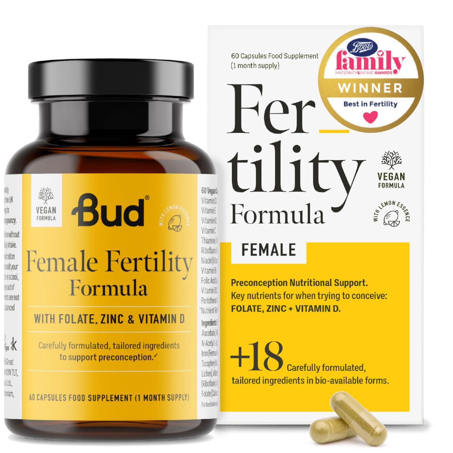 Bud Female Fertility Supplements for Women - Trying to Conceive Vitamins for Women with Folate (Folic Acid), Zinc, Vitamin D and Inositol - Conception Vitamins (60 Capsules)
