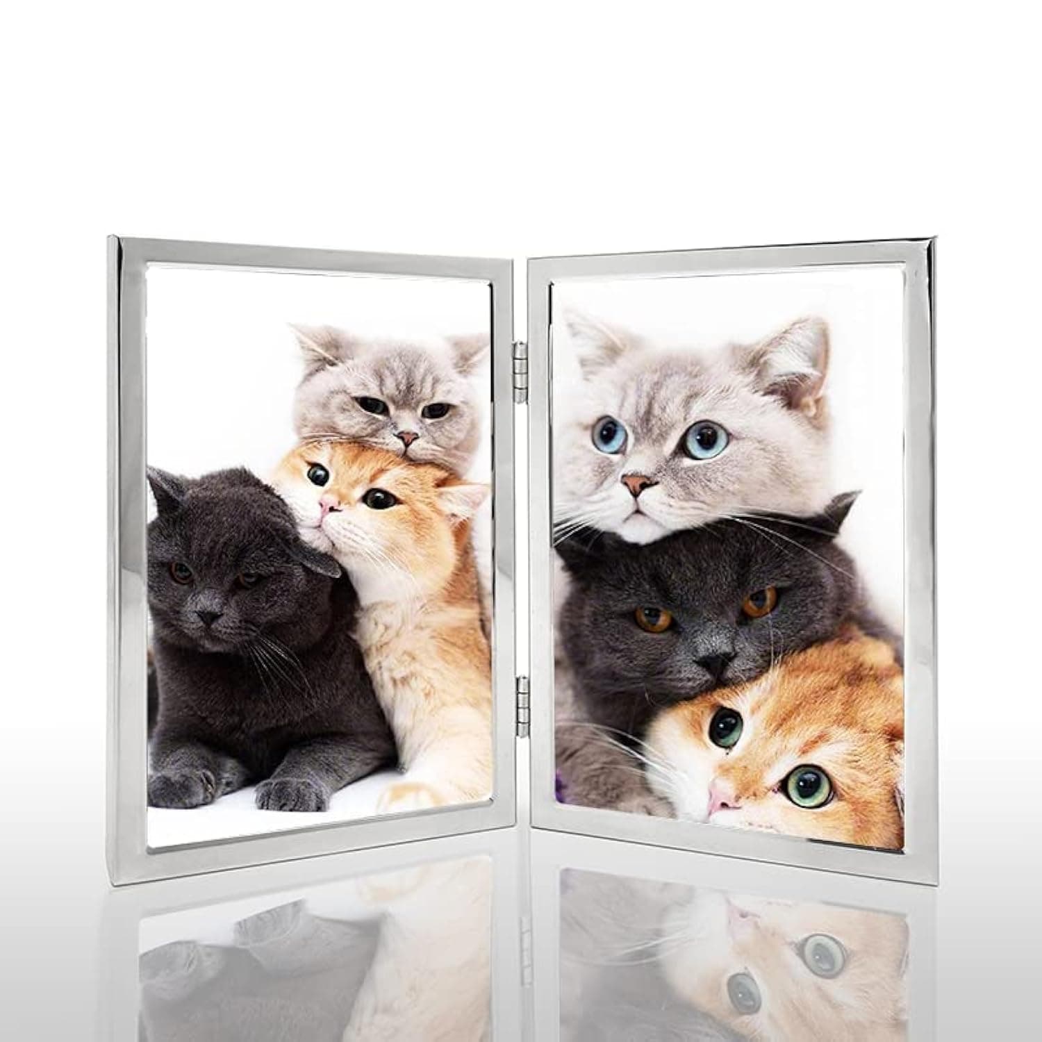3.5x5 Picture Frame Double Hinged Silver Metal Thin Edge Frame with High Definition Glass Front Folding Frames Stand Vertically on Tabletop,Silver