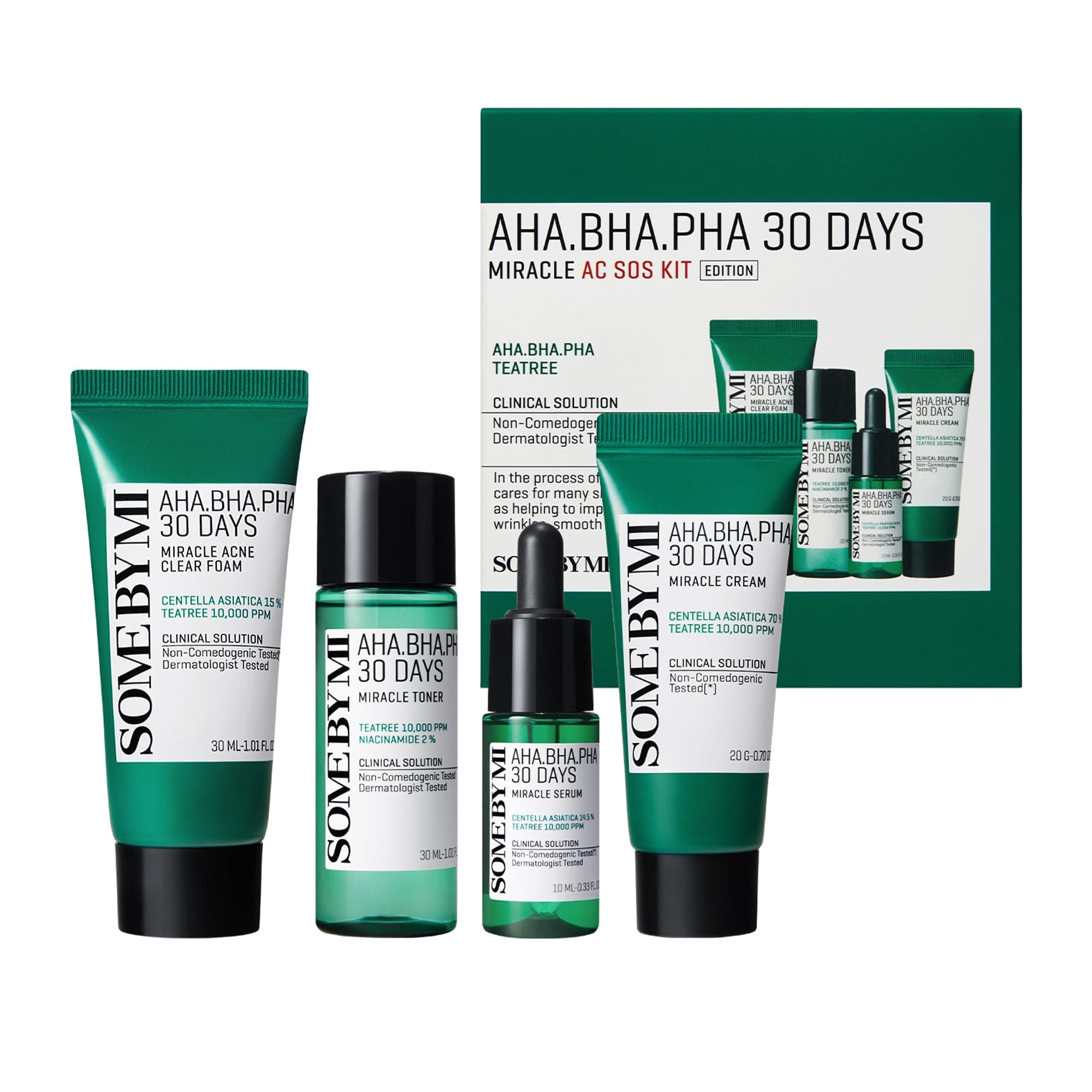 SOME BY MI AHA BHA PHA 30Days Miracle AC SOS Kit - Toner 1.01Oz, Serum 0.33Oz, Cream 0.7Oz, Foam 1.01Oz - Mild Exfoliating Daily Skin Care Set - Skin Wastes, Sebum, Oiliness Care - Korean Skin Care