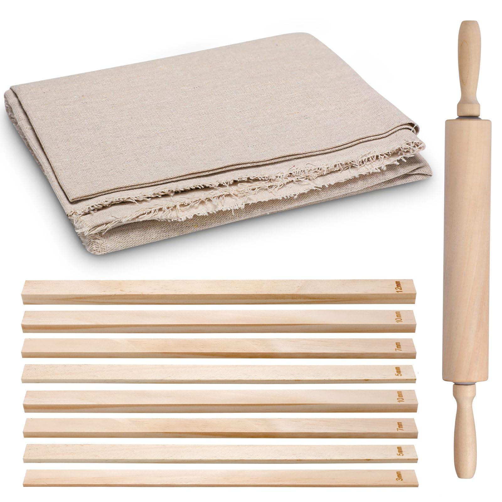Newtay 12 Pcs Pottery Tools Include 1 Wood Rolling Pin Sculpting Polymer Clay Tools 1 Portable Pottery Wedging Board/Linen Tablecloth and 10 Pcs 5 Size Teaching Rolling Mud Stick Guide (Tablecloth)