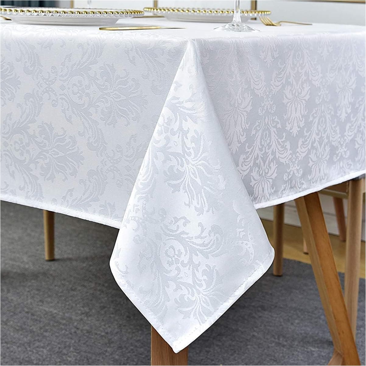 Rectangle Tablecloth -132 x 182CM White Damask Table Cloth Jacquard Design Spill Proof Wrinkle Resistant Waterproof Soft Polyester Oblong Table Cover for Kitchen Parties Tabletop