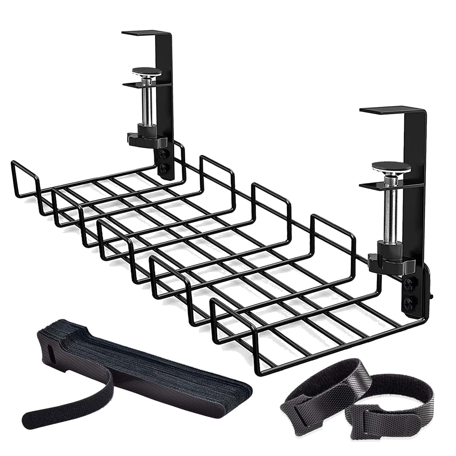 Under Desk Cable Management Tray, No-Drill Under Desk Cable Organizer for Wire Management Desk Cable Rack with 20 PCS Reusable Cable Ties Metal Under Desk Cord Organizer for Office and Home
