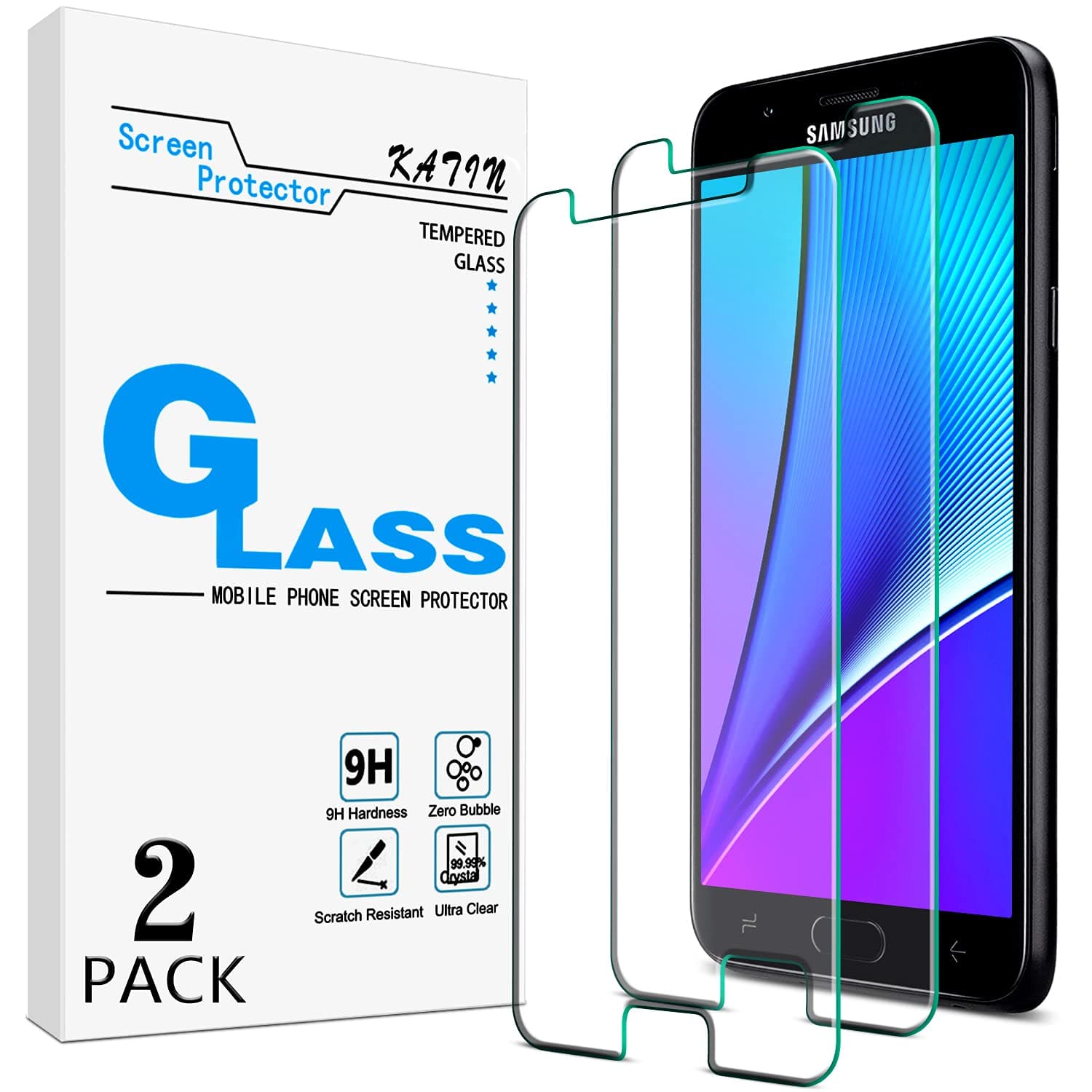 KATIN [2-Pack] Screen Protector For Samsung Galaxy J7 2018 / J7 Refine 2018 /J7 Star 2018 / J7 Crown 2018 / J7 Aura 2018 Tempered Glass, Anti Scratch, Bubble Free, 9H Hardness, Case Friendly