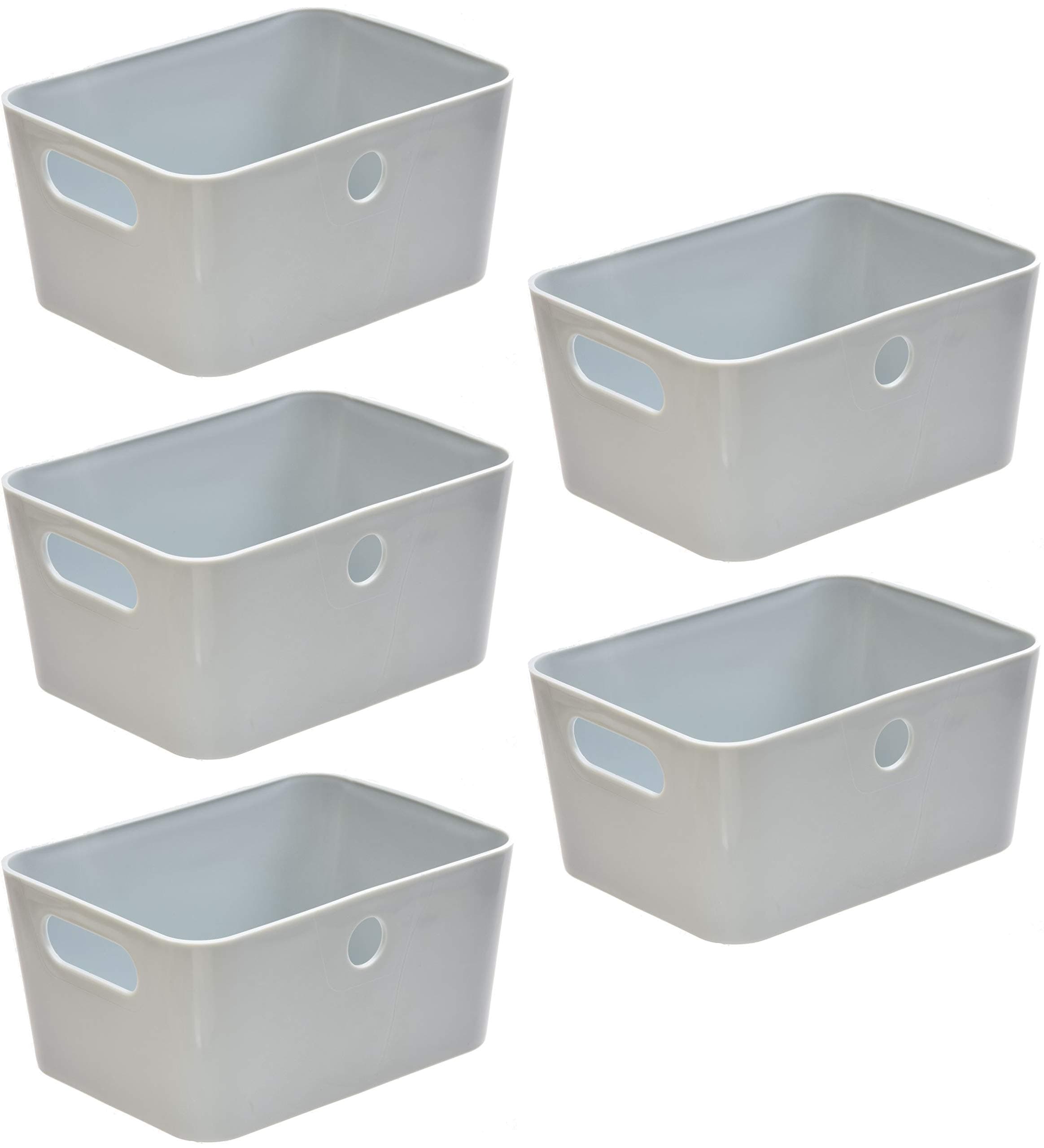 Set of 5 Small Plastic Storage Baskets with Handle – Office, Home & Kitchen Storage Basket – Strong Plastic Storage Box – Cupboard Storage & Organiser Boxes (Dove Grey)