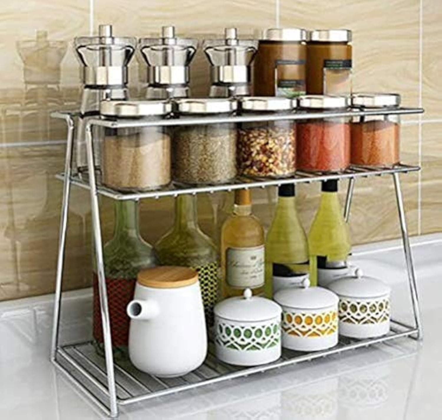 Stainless Steel-2 Tier Kitchen Rack-Spice Boxes-Organizer-Kitchen Stand -Cosmetic Organizer, Counter Top Basket -Floor Mounted Shelf For Home And Bathroom(33 * 15 * 24) Cm, Tiered Shelf