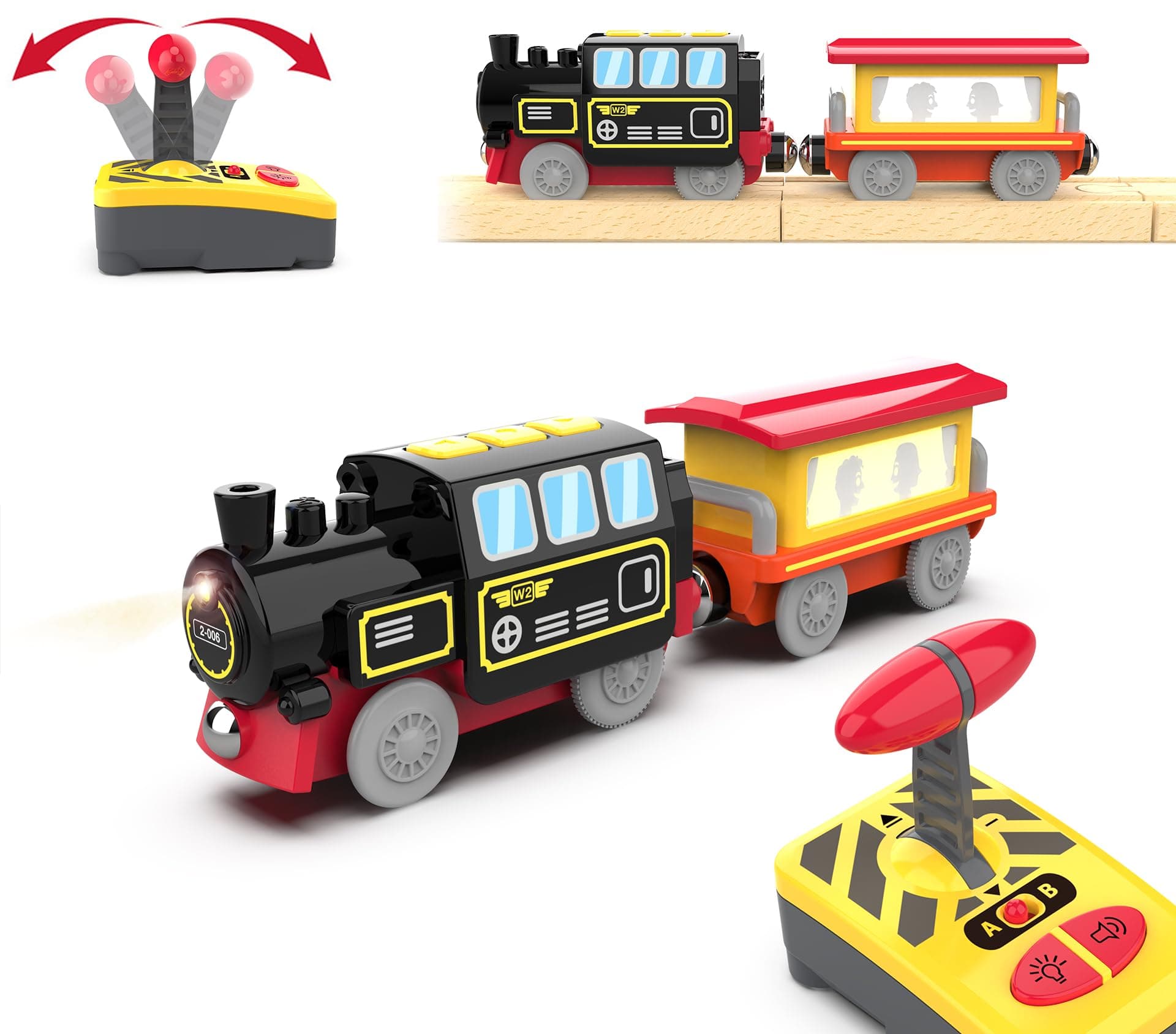 Motorized Train for Wooden Track, Remote Control Train with Magnetic Connection, Battery Operated Locomotive Train for Toddlers, Compatible with Thomas, Brio, Chuggington