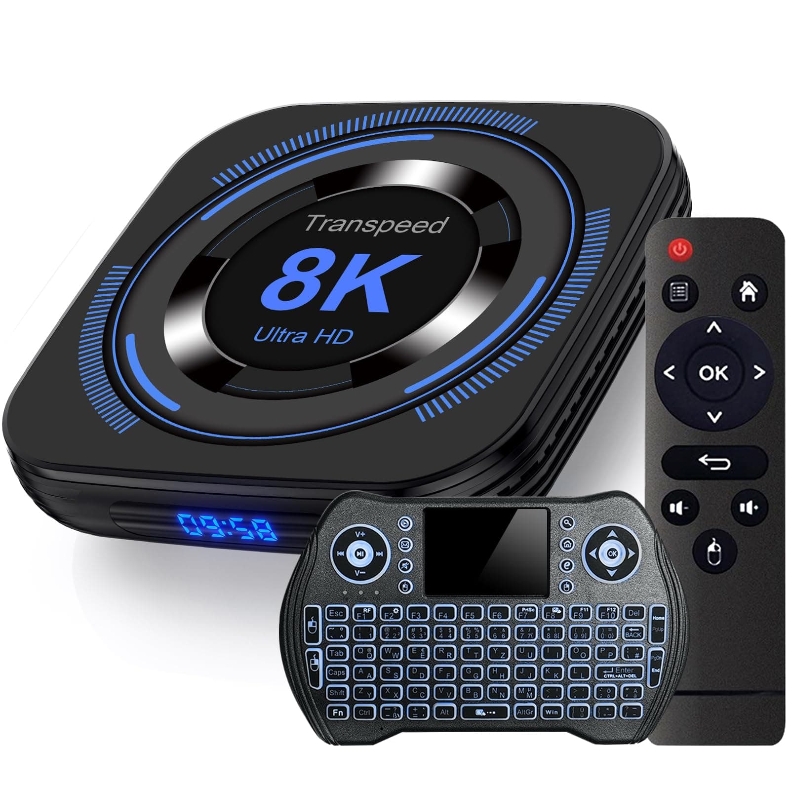 Transpeed Android TV Box 12.0 4GB RAM 32GB ROM Support 8K 6K Dual-WiFi 2.4G 5.8G Android Box H618 Chipset with HDR10 BT5.0 USB 2.0 3D Ethernet with Mini Backlit Keyboard