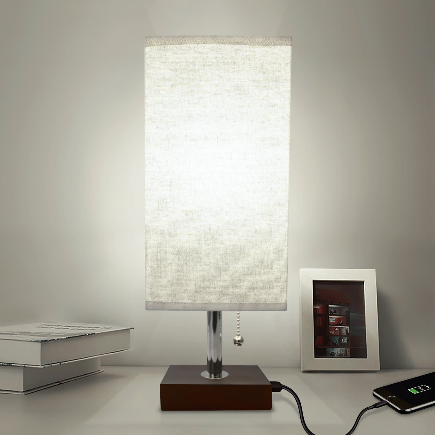 aooshine Bedside Table Lamp USB, Modern Desk Lamp, Solid Wood Nightstand Lamp with Unique Shade and Havana Brown Wooden Base, Ambient Light and Useful USB Charging Port Perfect for Bedroom or Office