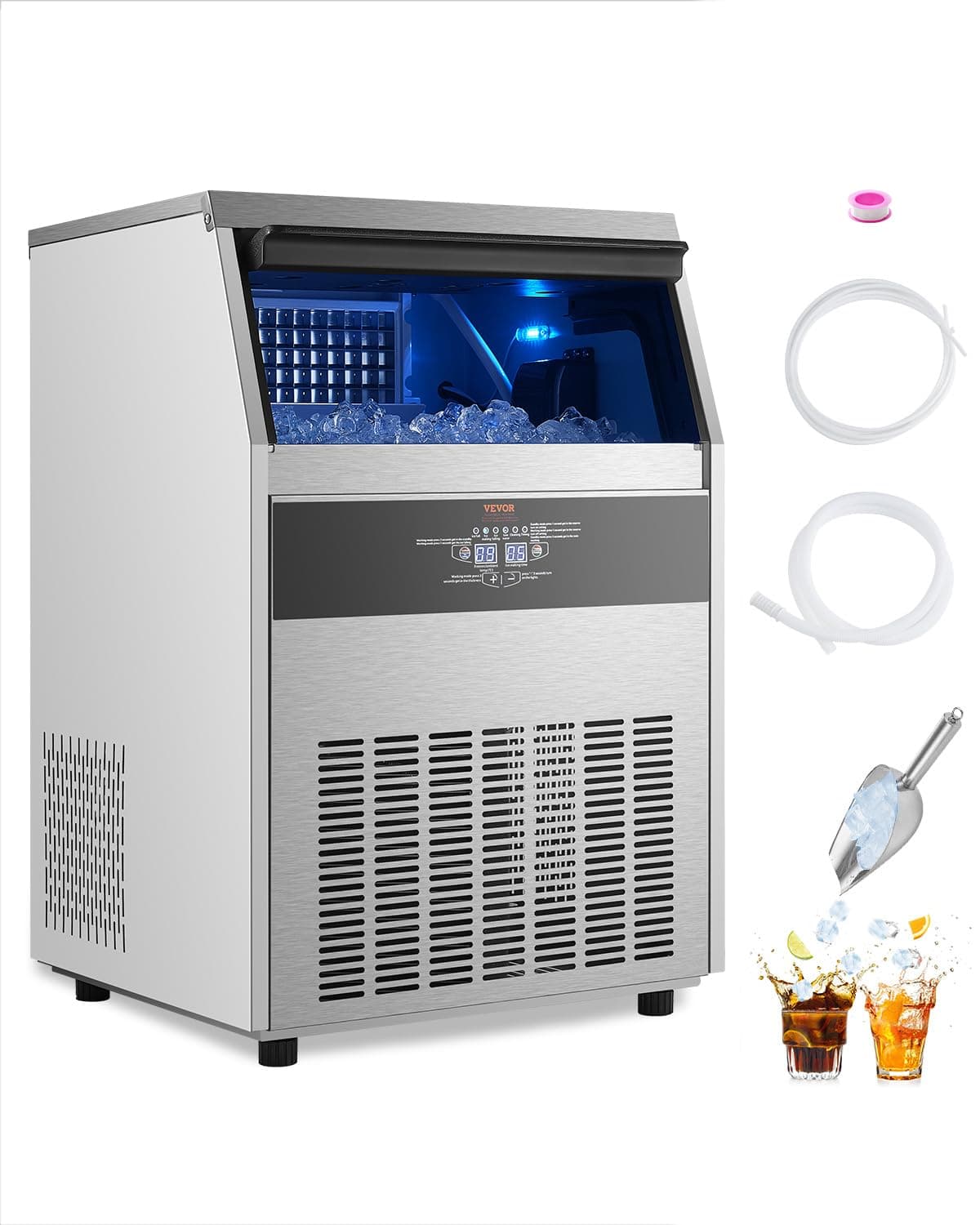 Commercial Ice Maker Machine, 160lbs/24H Ice Maker Machine with 66lbs Storage Capacity, 80 Ice Cubes in 15 Minutes, LED Digital Display Freestanding Self-Cleaning for Bar Office Restaurant