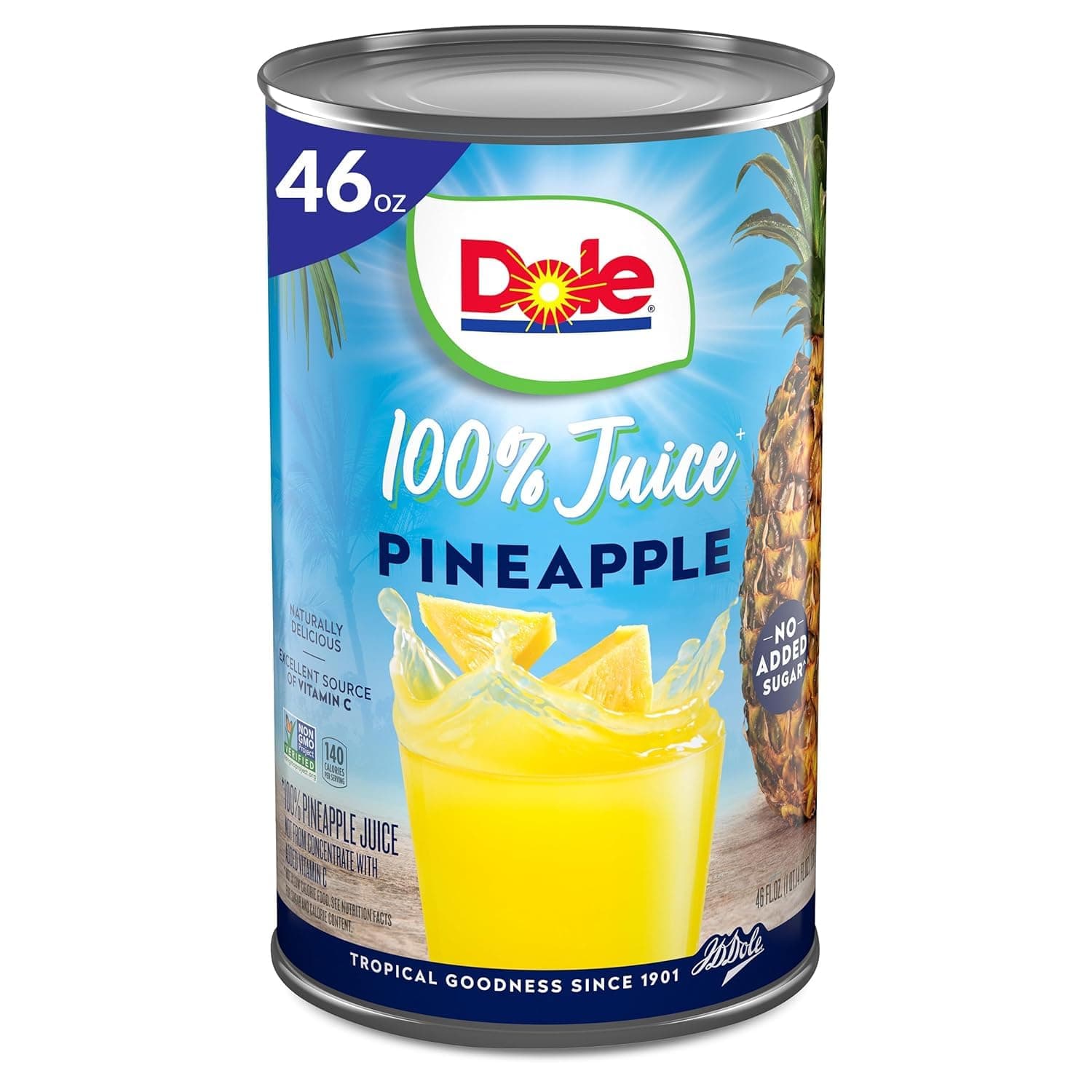 Dole 100% Pineapple Juice, No Added Sugar, Excellent Source of Vitamin C, 100% Fruit Juice, 46 Fl Oz Can, Packaging May Vary