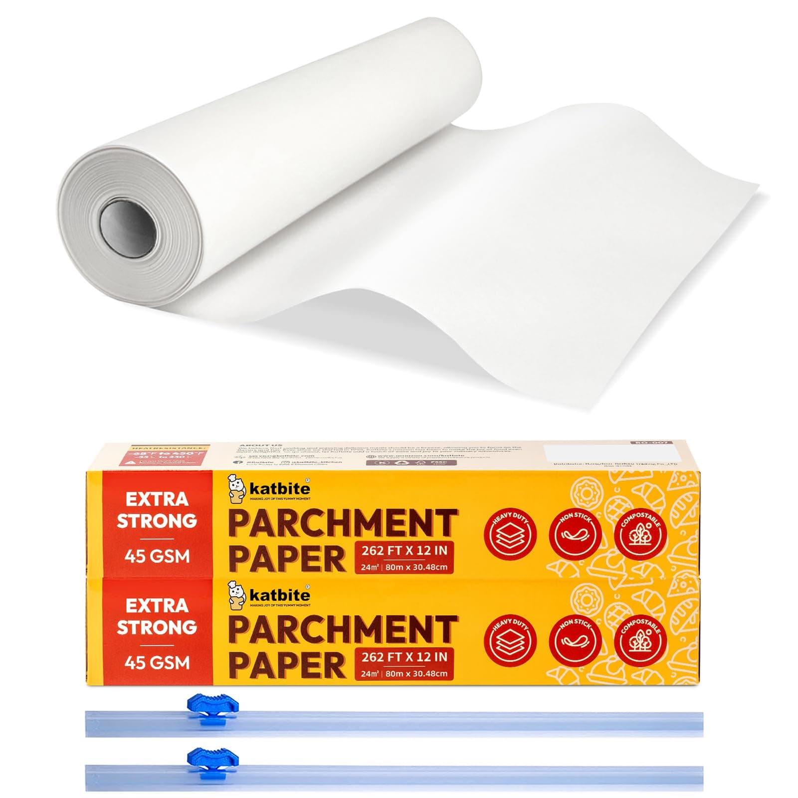Katbite 2Pack 12 in x 164 ft Parchment Paper Roll for Baking, Non-Stick Baking Parchment Paper for Cooking Baking Cookies, Grilling, Air Fryer and Steaming with Spatula (2 Pack)
