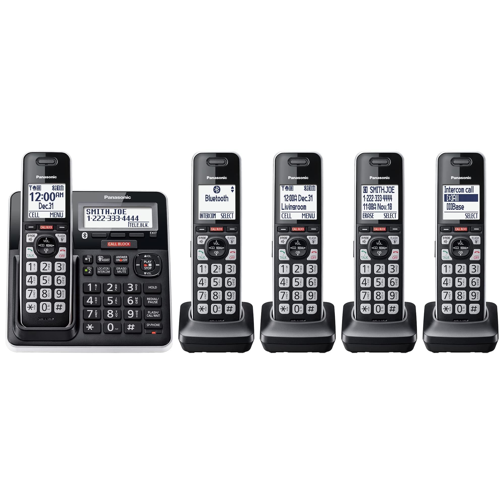 Cordless Phone with Advanced Call Block, Link2Cell Bluetooth, One-Ring Scam Alert, and 2-Way Recording, Answering Machine, 5 Handsets - KX-TGF975B (Black/Silver Trim)