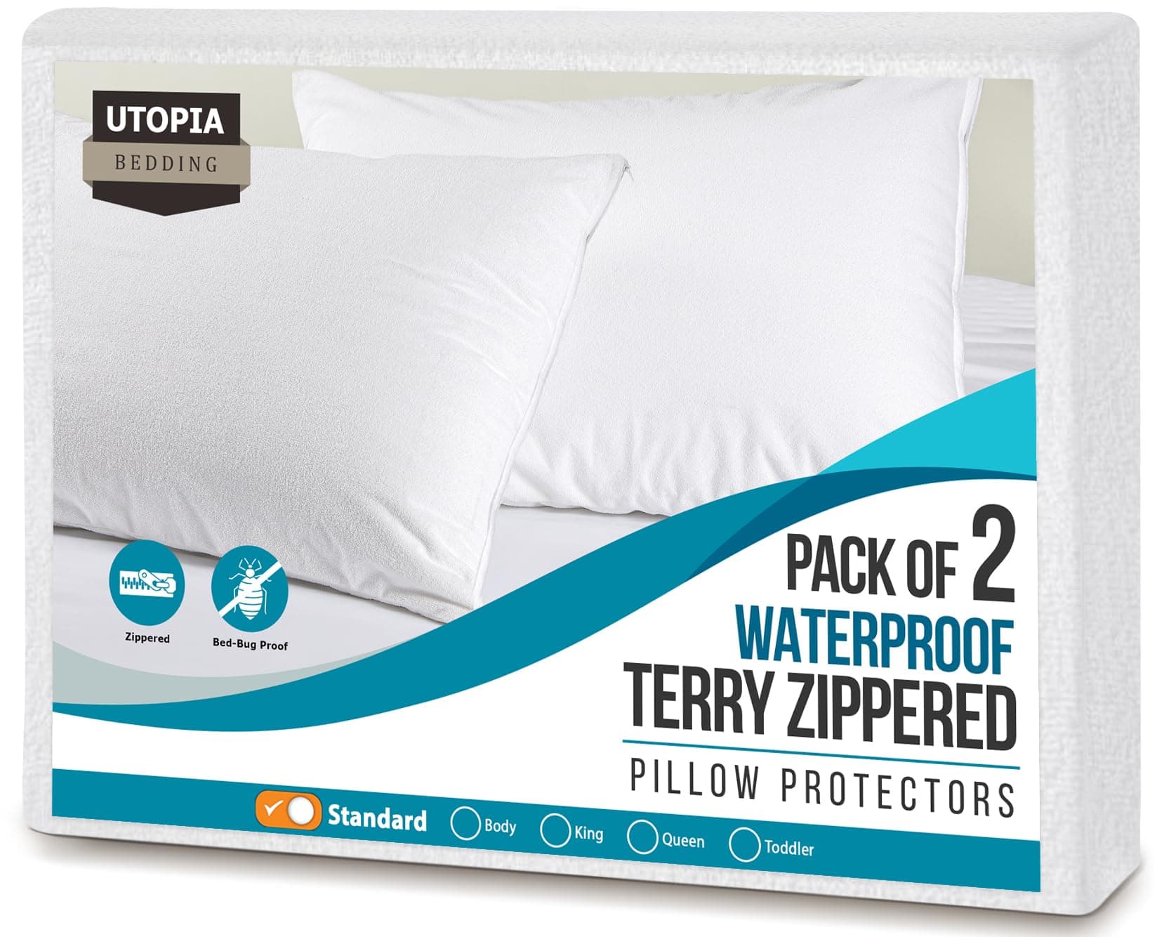Utopia Bedding Pillow Protectors with Zipper Standard Size (2 Pack), White, Waterproof Terry Pillow Encasement, Bed Bug and Dust Mite Proof Pillow Covers
