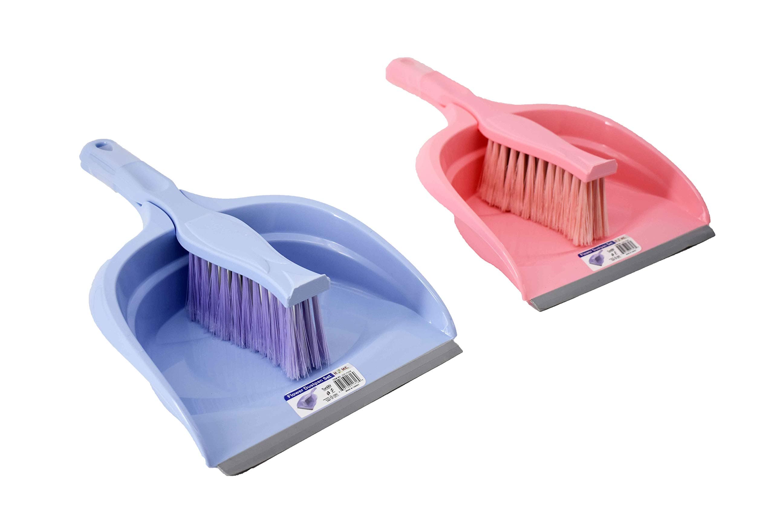 Uniware Flower Pattern Dustpan and Soft Bristle Hand Brush Set for Home and Office Cleaning, Made in Turkey (Blue)